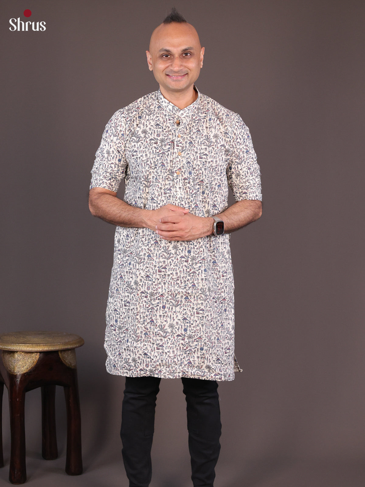 Off White & Blue - Readymade Mens Kurta