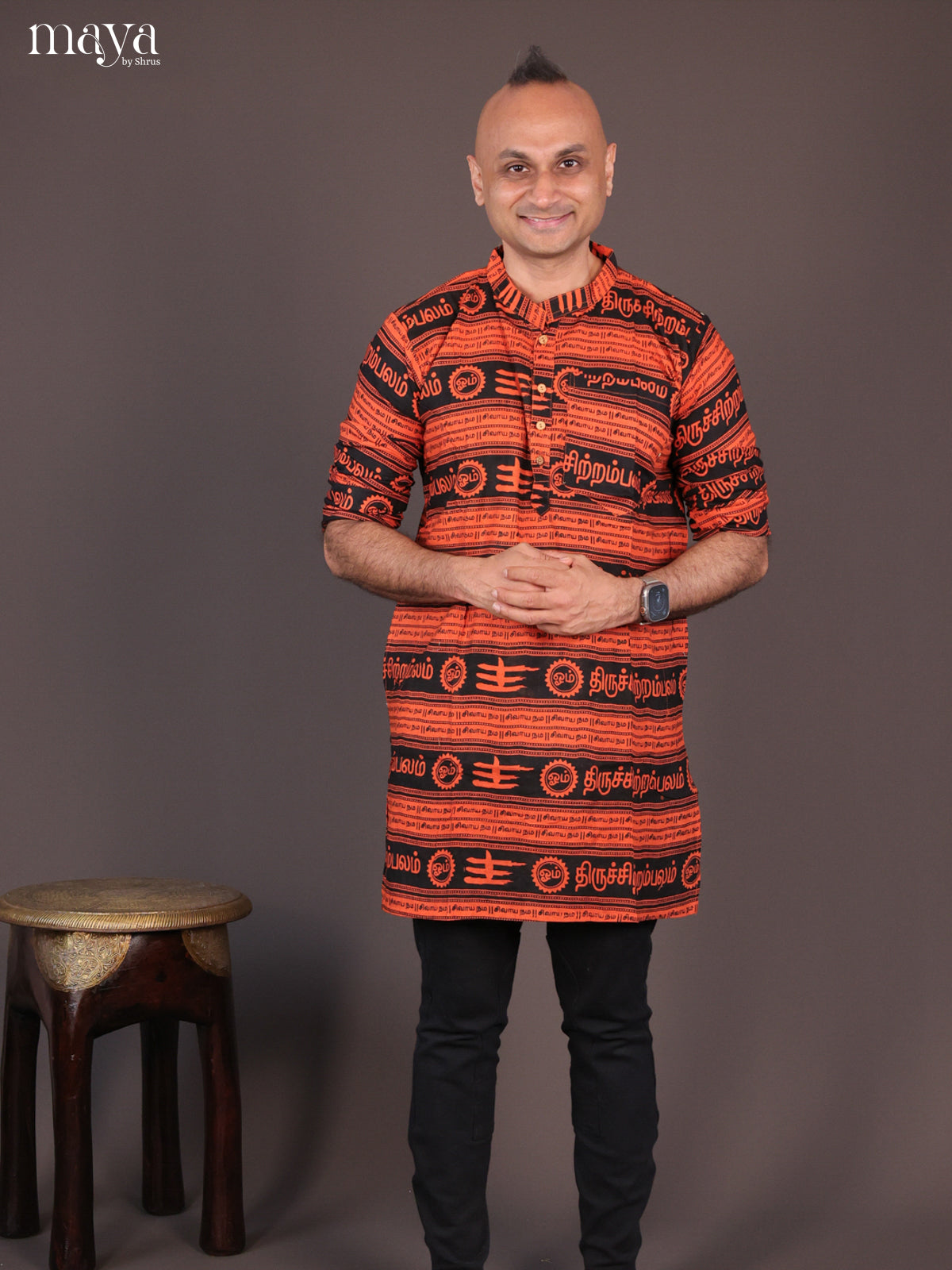 Orange &  Black- Readymade Mens Kurta