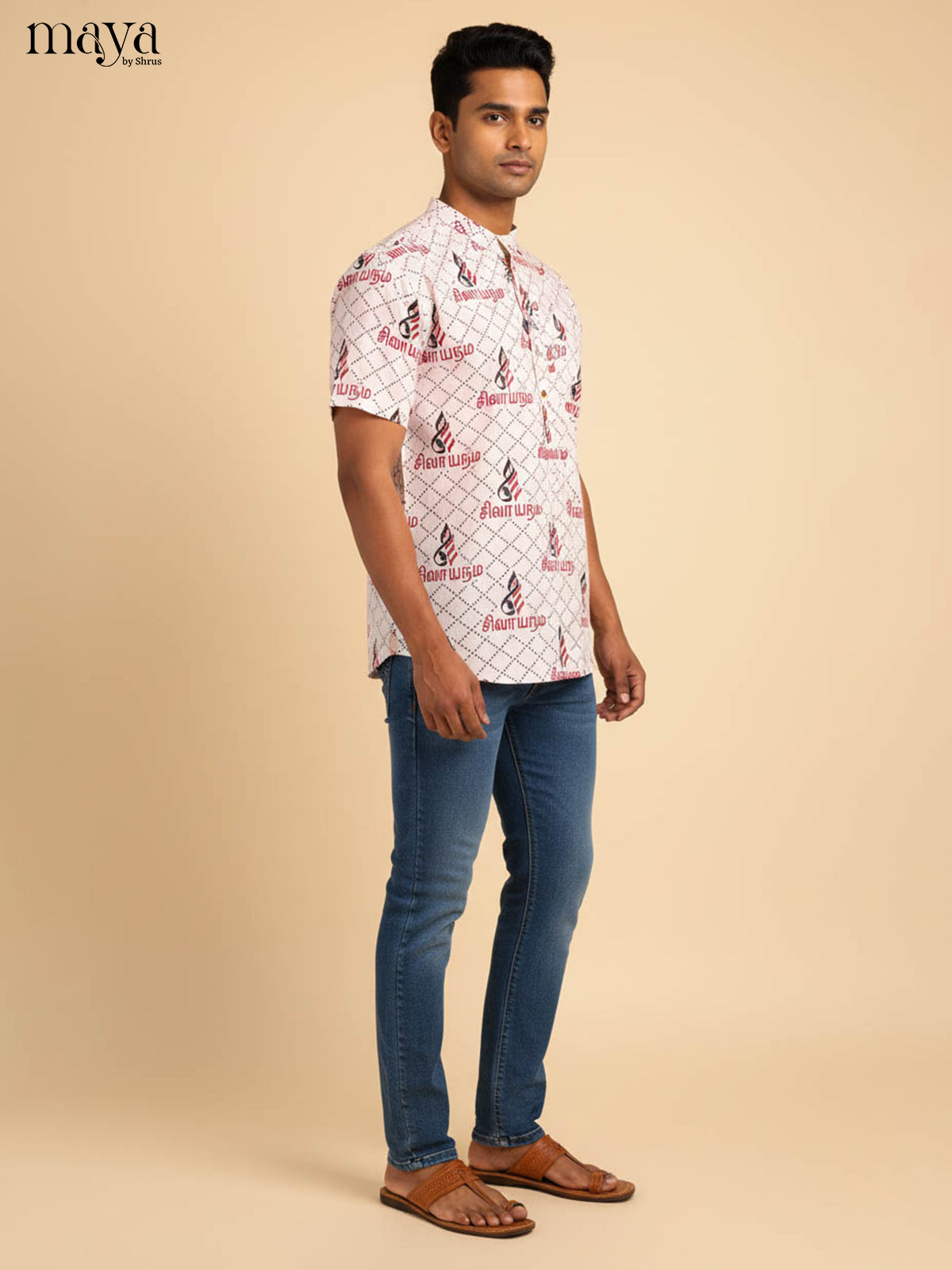 White Cotton Divine Printed Short Men Kurta - Shop on Shrus.com