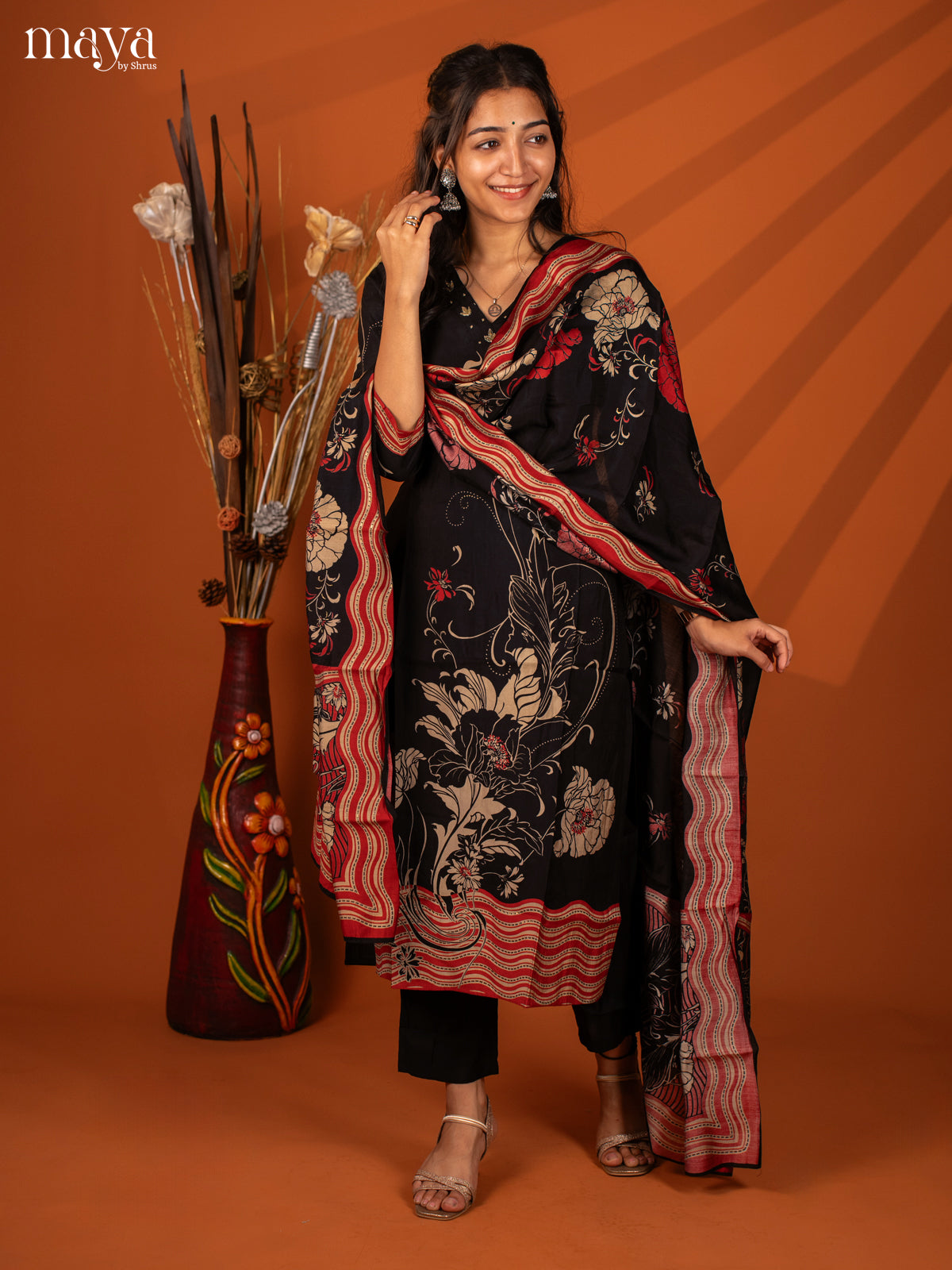Black Cotton 3Pc Salwar with Printed- Top, Bottom & Dupatta - Shop on Shrus.com