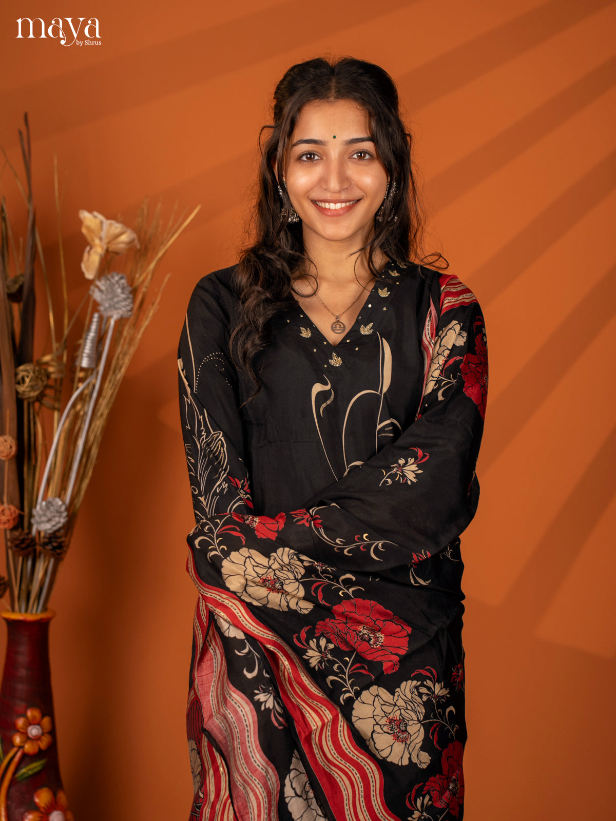 Black Cotton 3Pc Salwar with Printed- Top, Bottom & Dupatta - Shop on Shrus.com