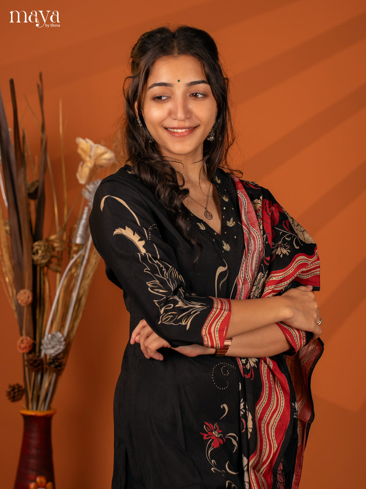 Black Cotton 3Pc Salwar with Printed- Top, Bottom & Dupatta - Shop on Shrus.com