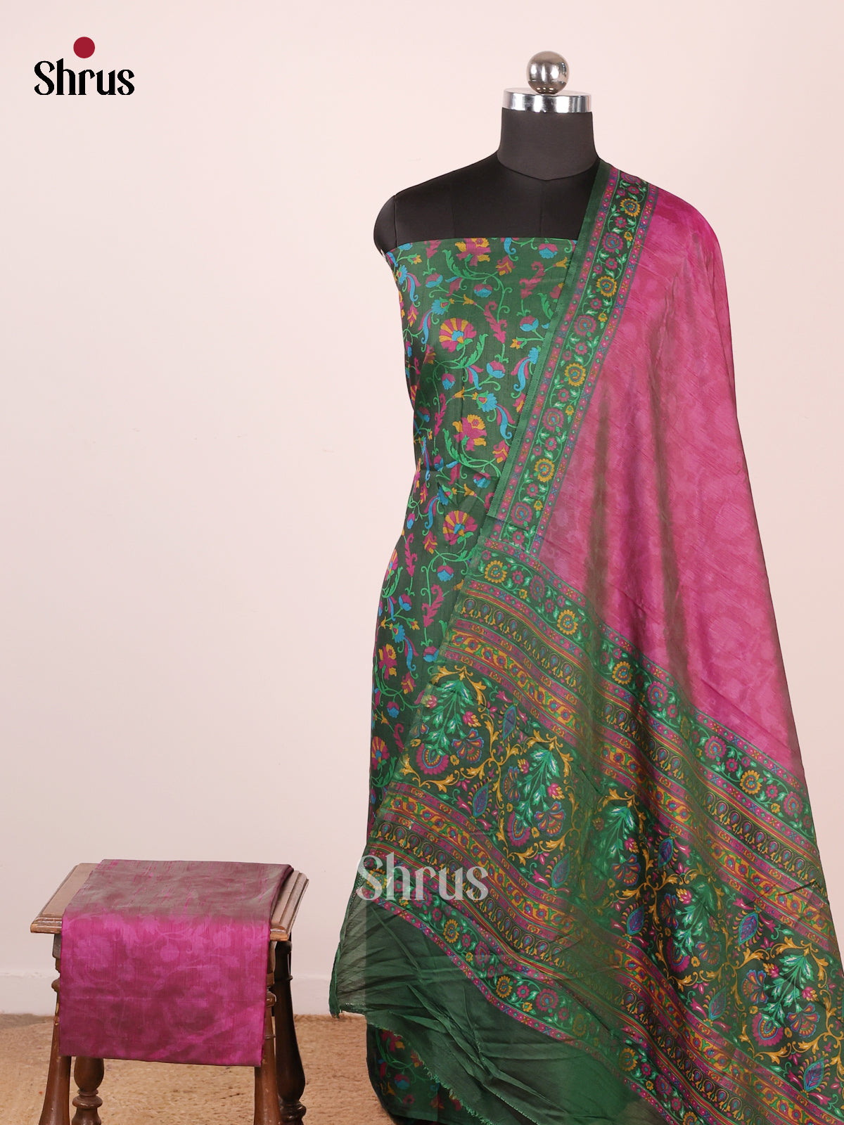 Green & Pink - Semi Patola Unstitched Top, Bottom & Dupatta - MDA28003 - Shop on Shrus.com