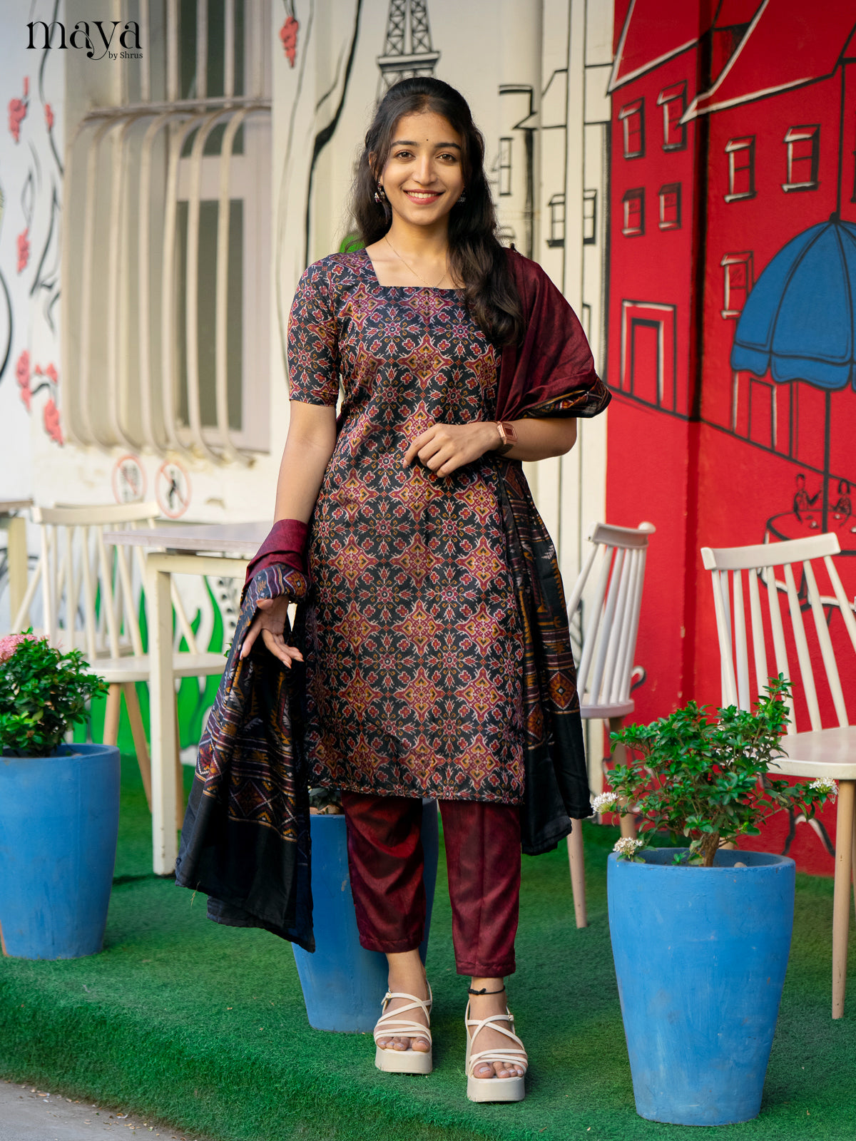 Black & Maroon - semi patola Unstitched Top, Bottom & Dupatta - MDA28015 - Shop on Shrus.com