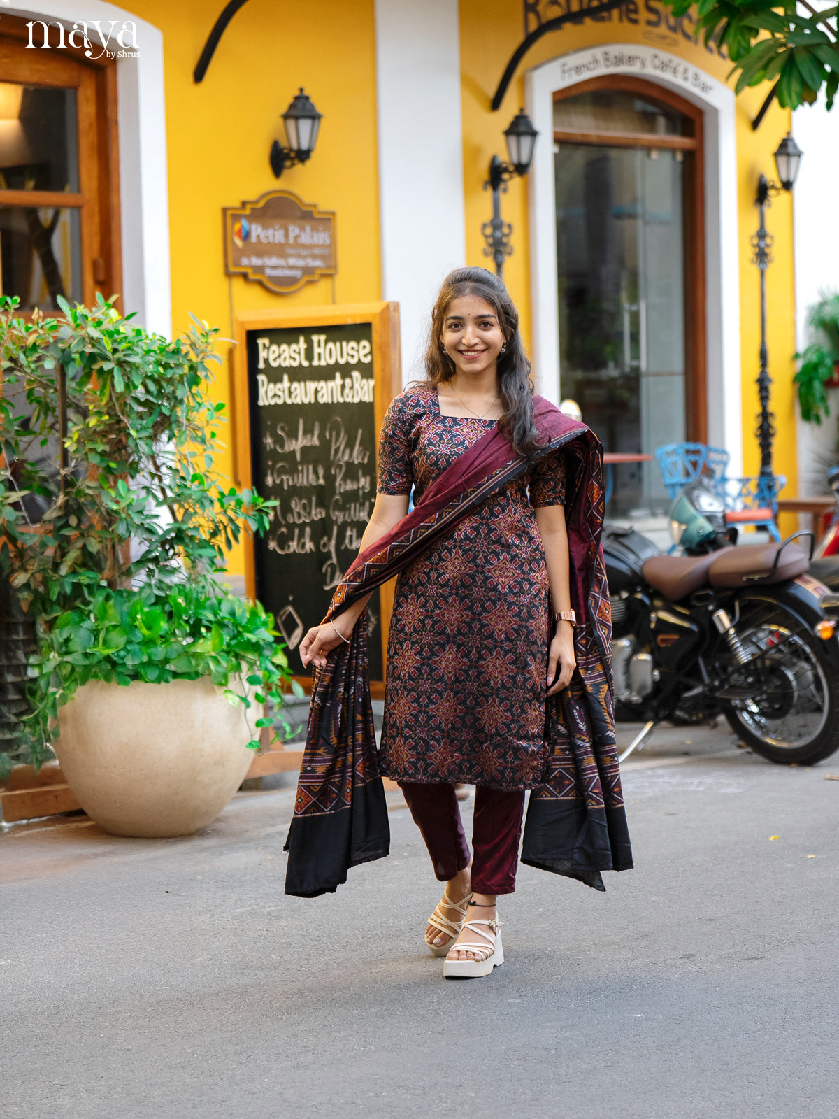 Black & Maroon - semi patola Unstitched Top, Bottom & Dupatta - MDA28015 - Shop on Shrus.com