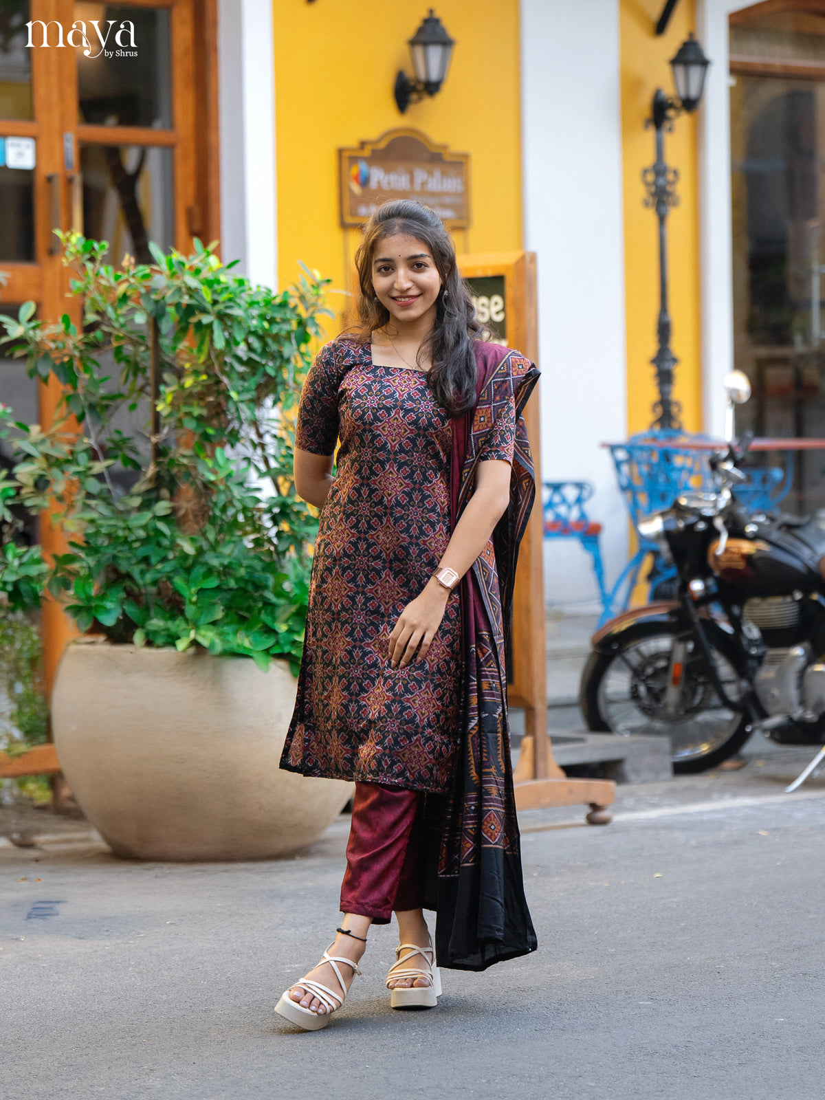 Black & Maroon - semi patola Unstitched Top, Bottom & Dupatta - MDA28015 - Shop on Shrus.com