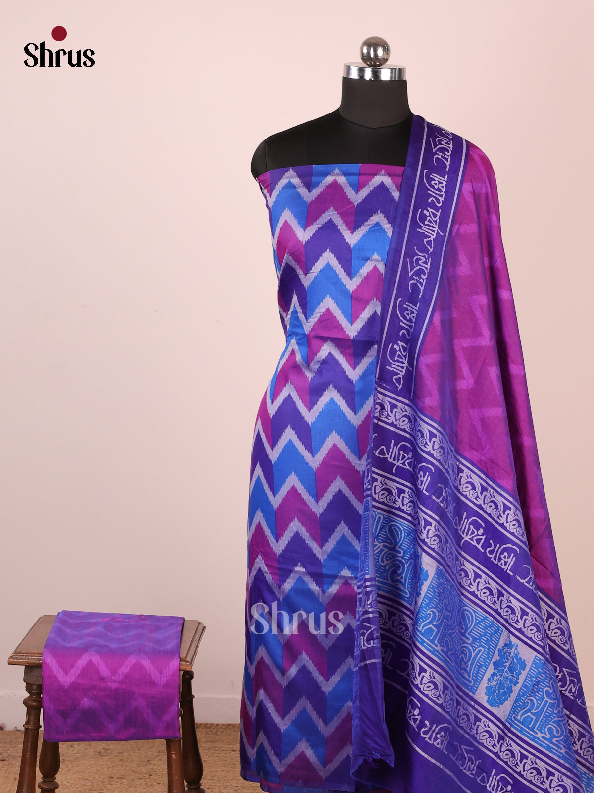 Blue & Purple- Semi Patola Unstitched Top, Bottom & Dupatta - MDA28022 - Shop on Shrus.com