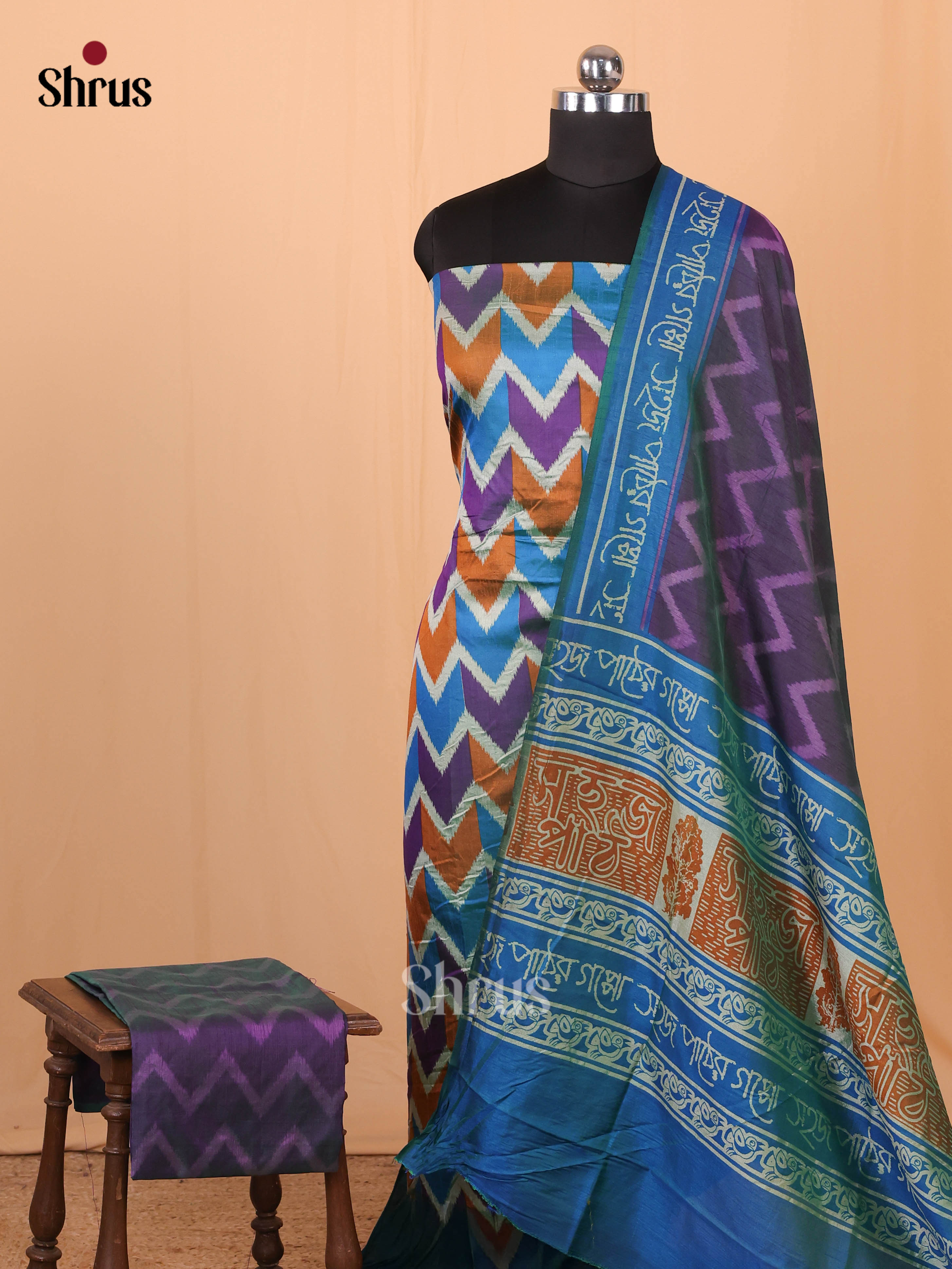 Blue & Purple - Semi Patola Unstitched Top, Bottom & Dupatta - MDA28023 - Shop on Shrus.com