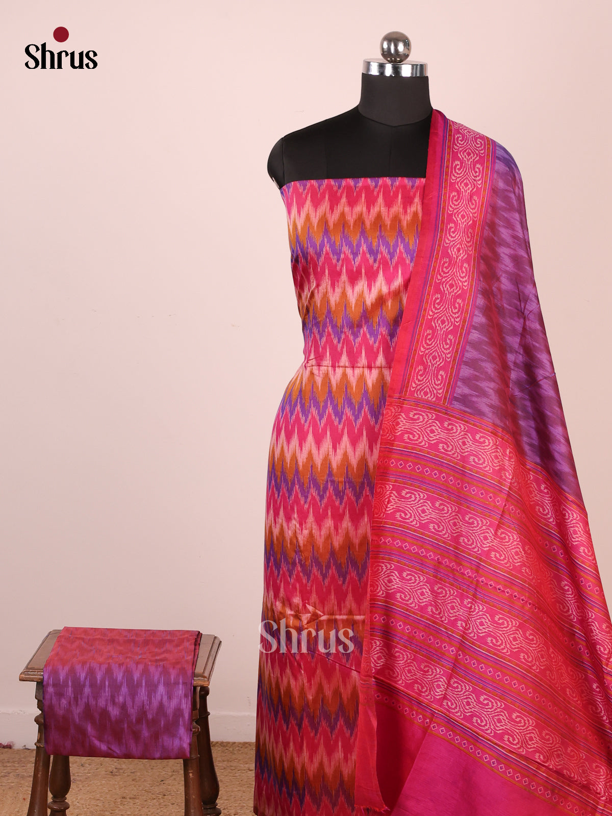 Pink & Purple- Semi Patola Unstitched Top, Bottom & Dupatta - MDA28030 - Shop on Shrus.com