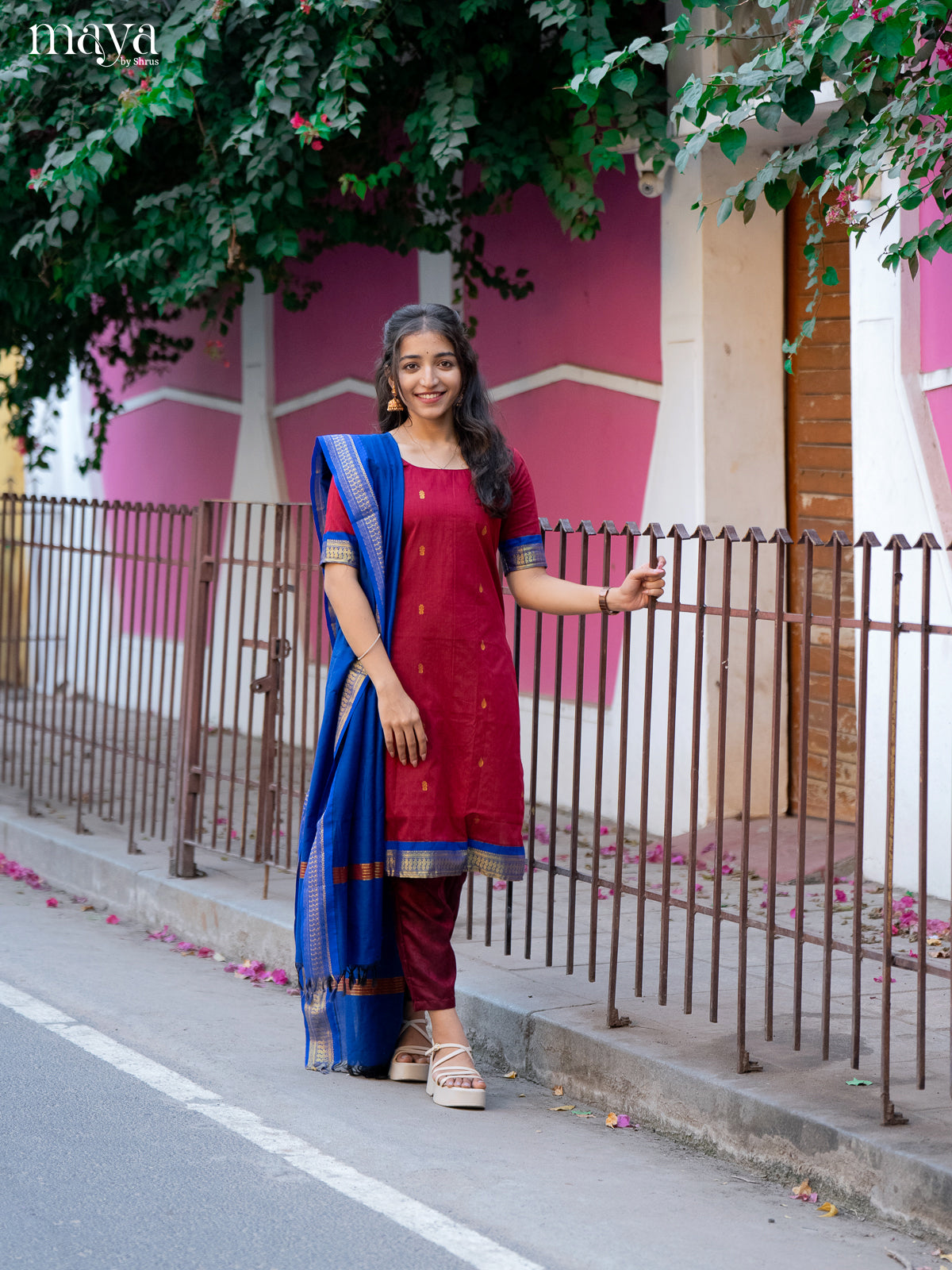 Red & Blue - Kalyani Cotton unstitched Top & Dupatta - MDA28036 - Shop on Shrus.com