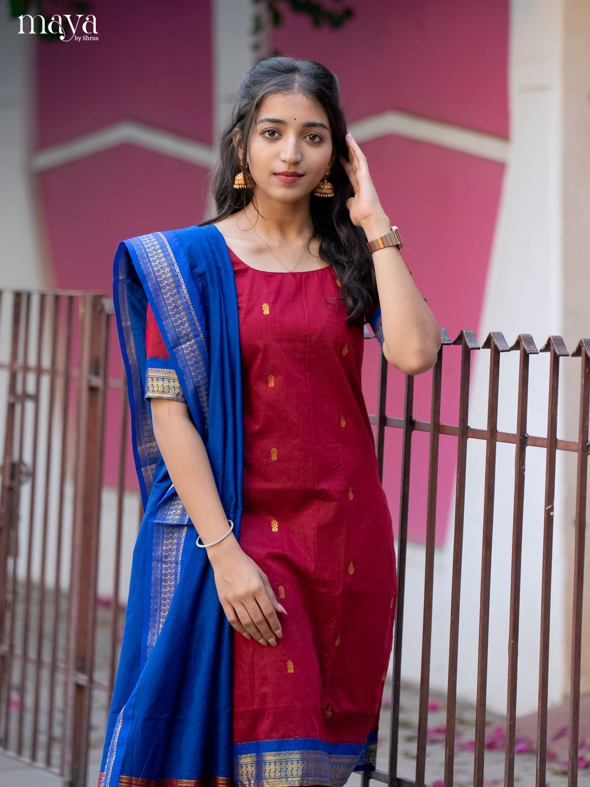 Red & Blue - Kalyani Cotton unstitched Top & Dupatta - MDA28036 - Shop on Shrus.com