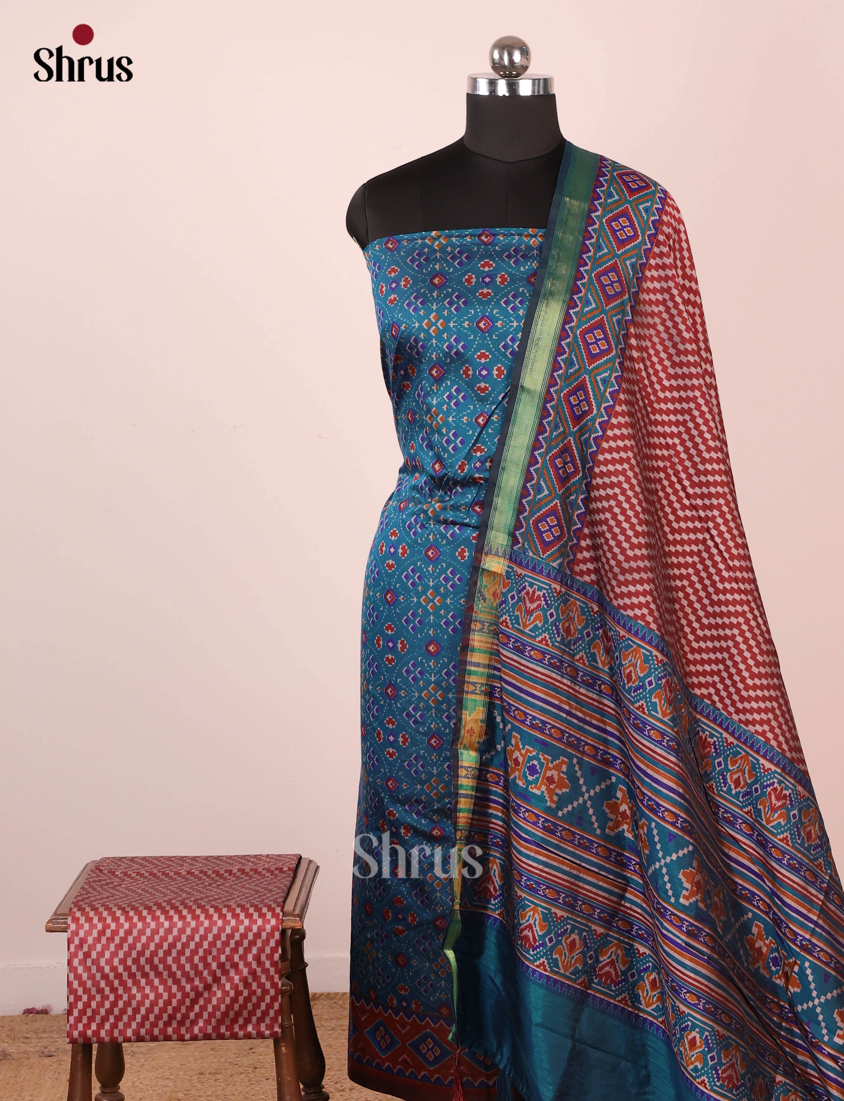 Blue & Brown - Semi Patola Unstitched Top, Bottom & Dupatta - MDA29010 - Shop on Shrus.com