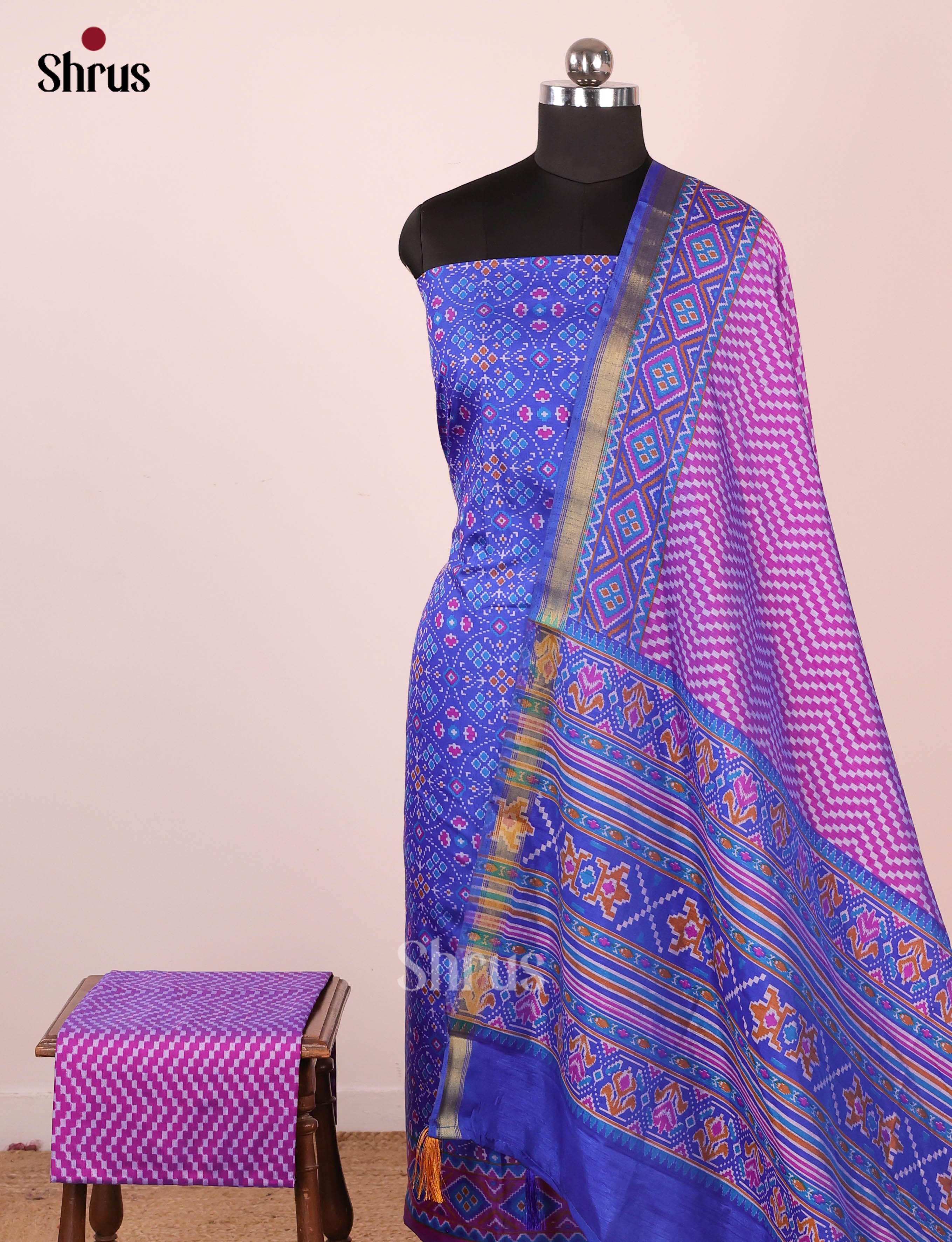 Blue & Purple - Semi Patola Unstitched Top, Bottom & Dupatta - MDA29011 - Shop on Shrus.com