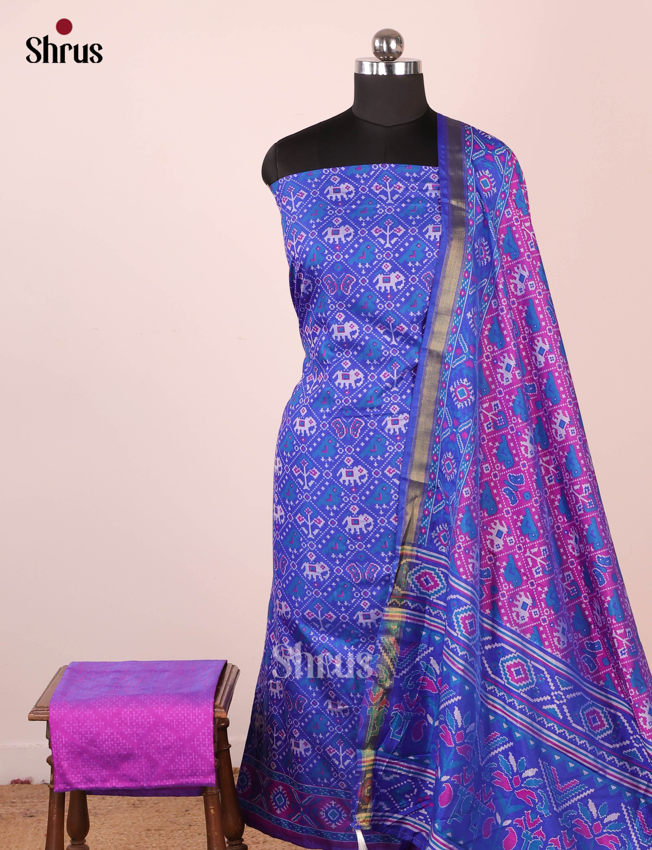 Blue & Purple- Semi Patola Unstitched Top, Bottom & Dupatta - MDA29017 - Shop on Shrus.com
