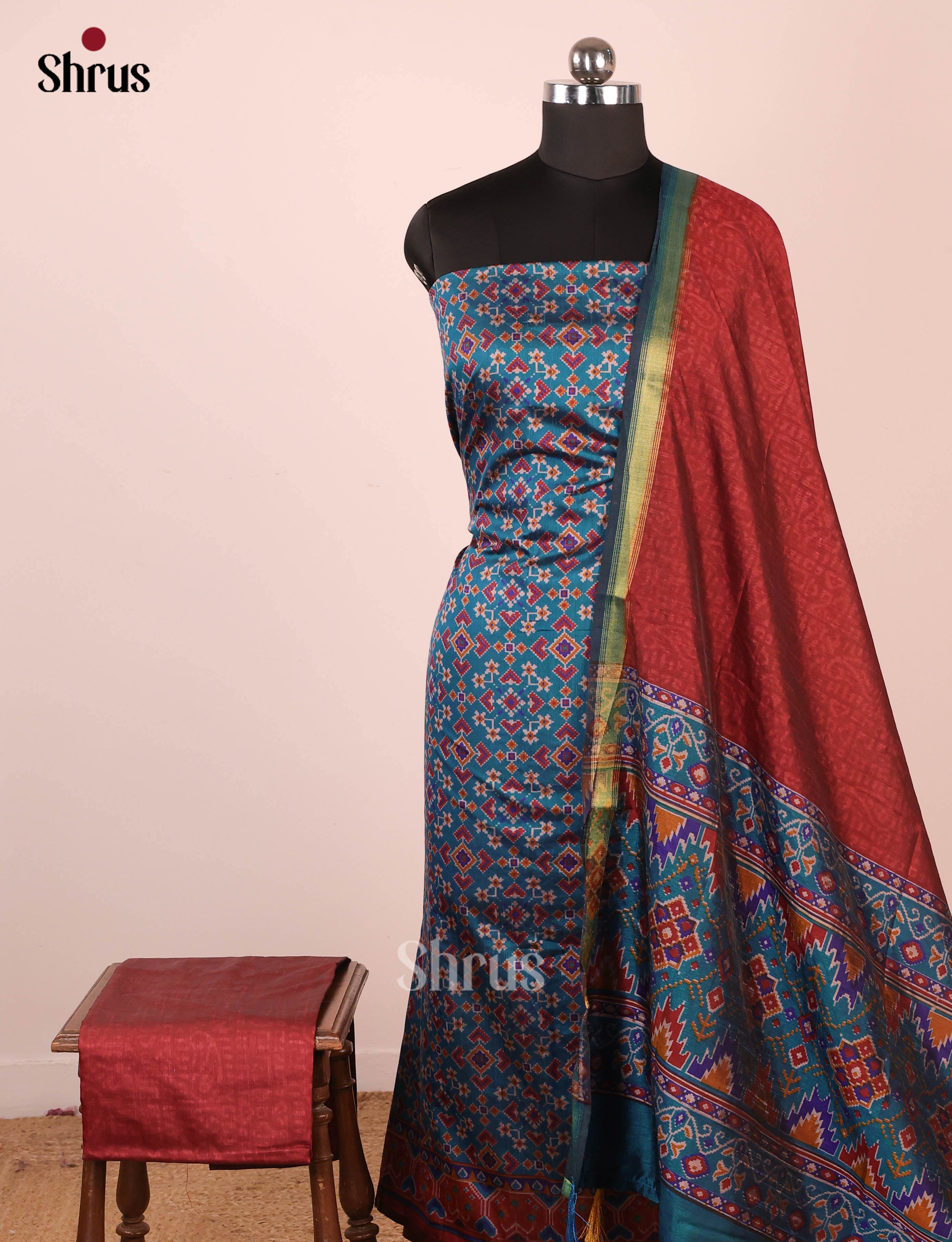 Blue & Maroon - Semi Patola Unstitched Top, Bottom & Dupatta - MDA29026 - Shop on Shrus.com
