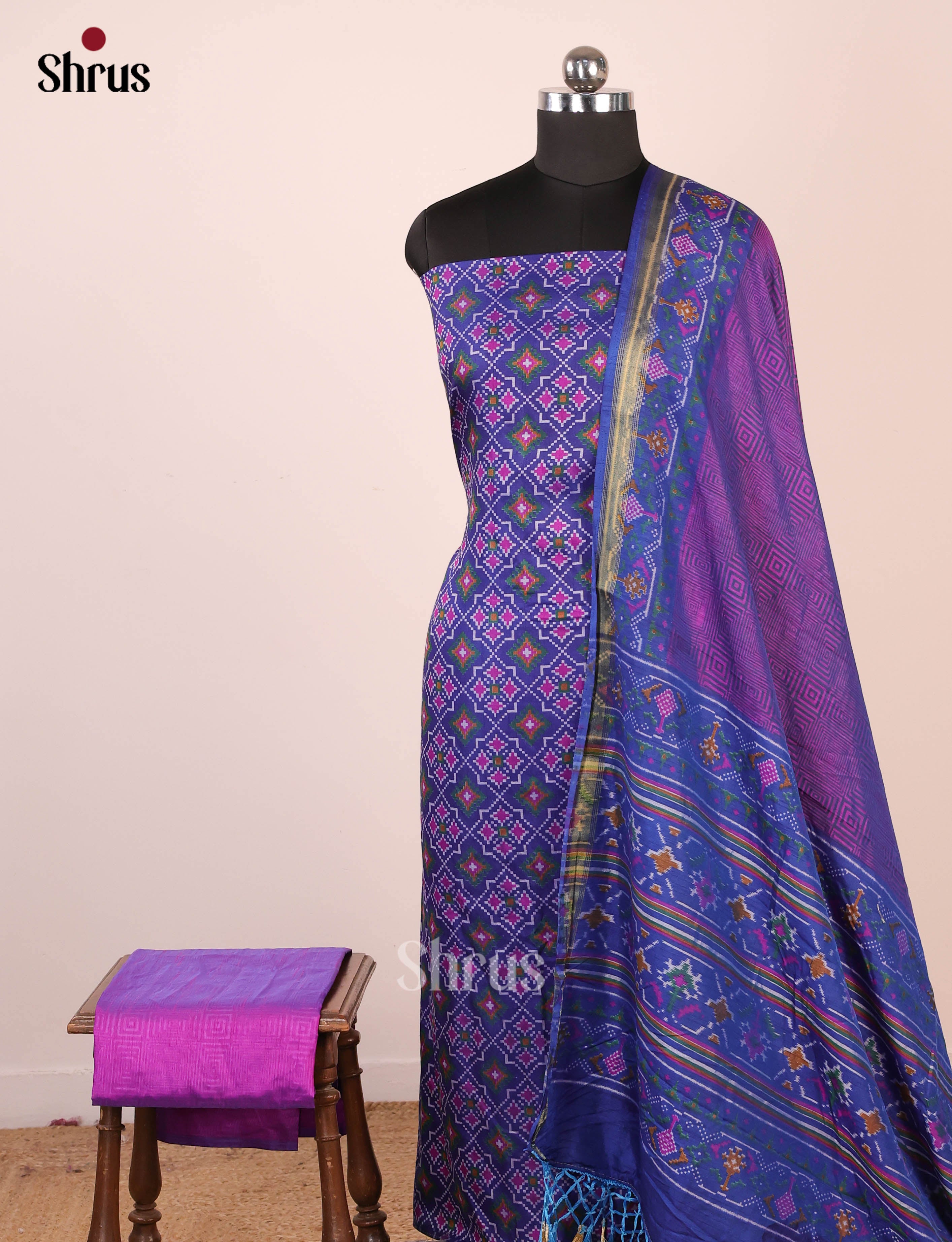 Blue & Purple - Semi Patola Unstitched Top, Bottom & Dupatta - MDA29028 - Shop on Shrus.com