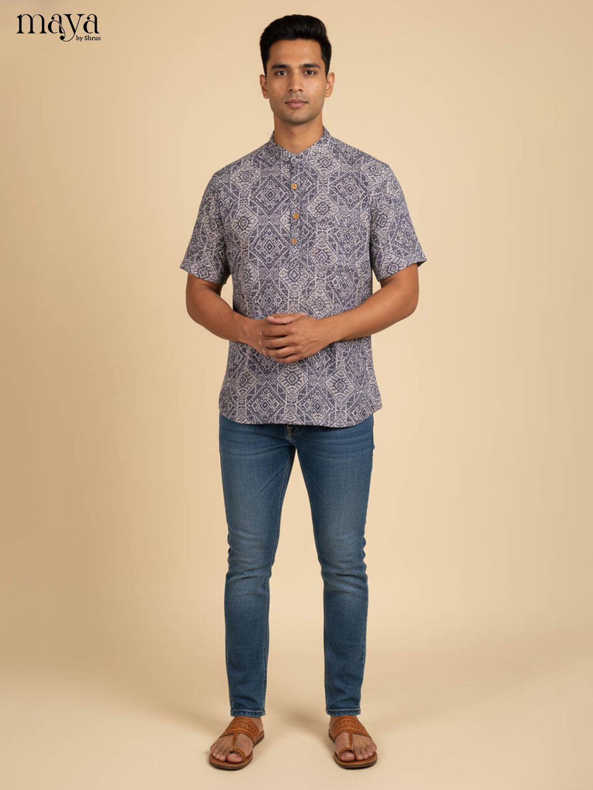 Grey with Blue - Readymade Mens Kurta - Shop on Shrus.com