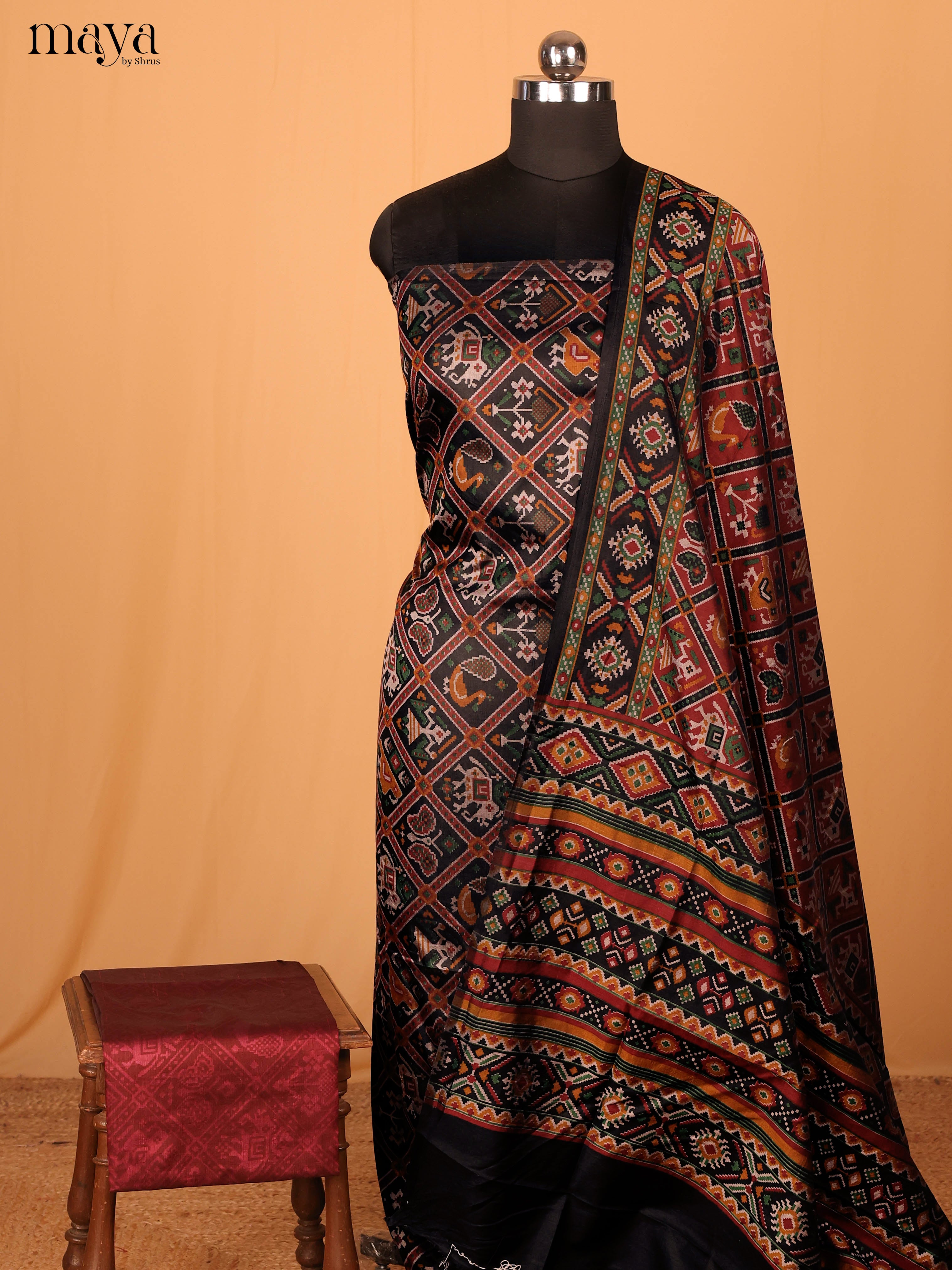 Black & Maroon Semi Patola Unstitched Top, Bottom & Dupatta -MDB01154 - Shop on Shrus.com