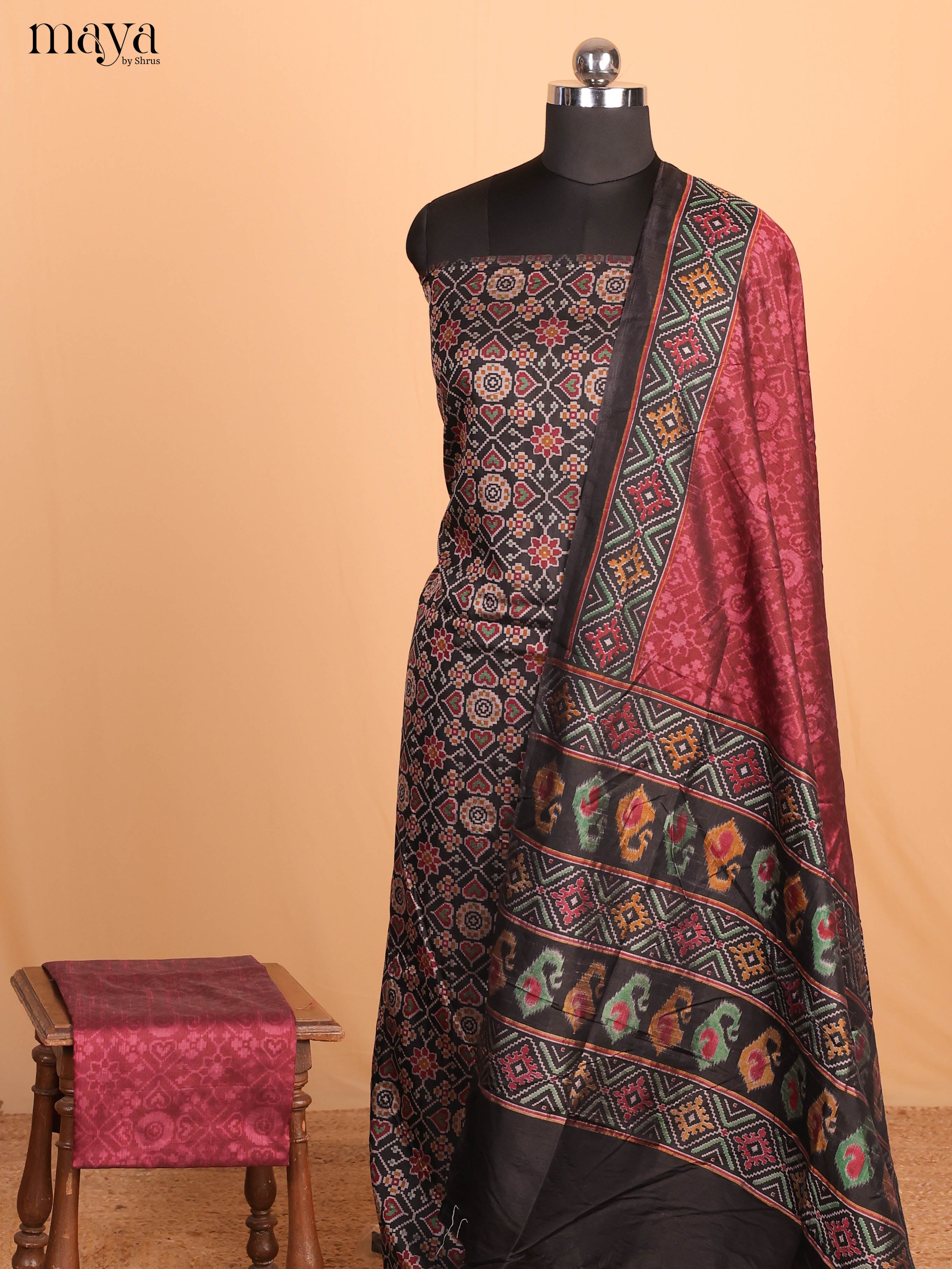 Black & Maroon Semi Patola Unstitched Top, Bottom & Dupatta -MDB04005 - Shop on Shrus.com