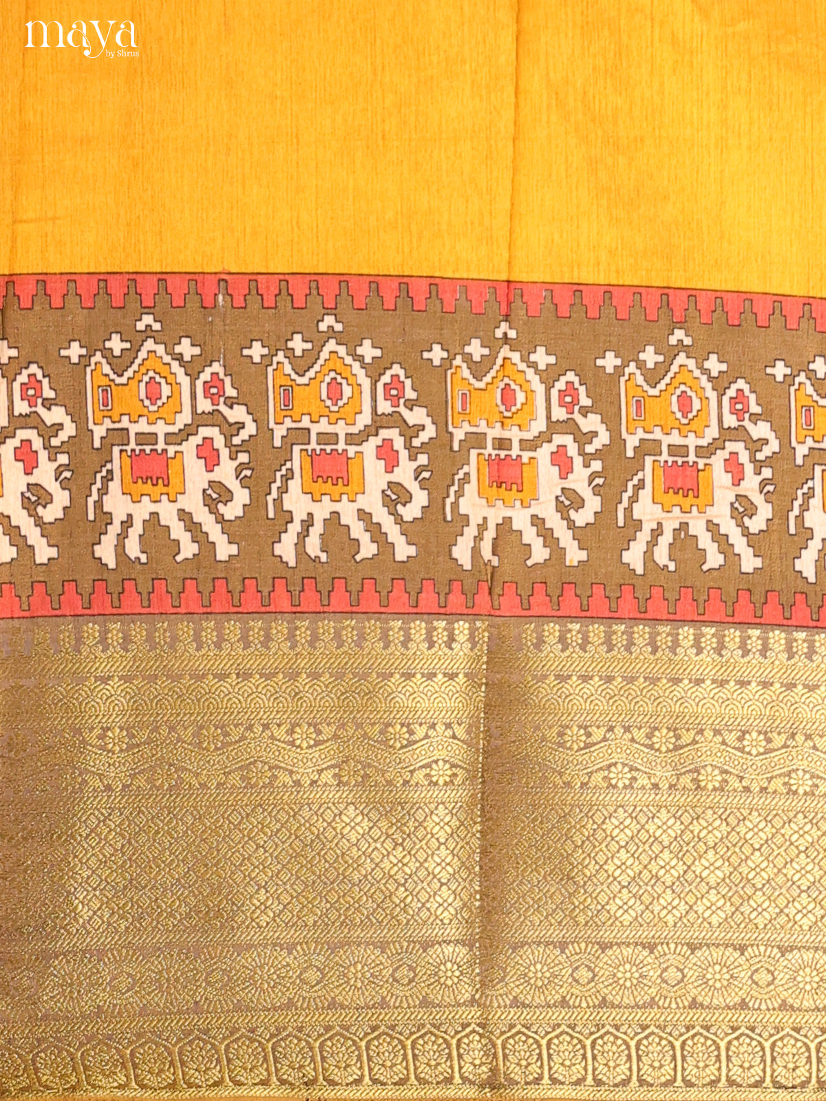 Yellow & Light Brown Semi Patola Unstitched Top, Bottom & Dupatta -MDB12004 - Shop on Shrus.com