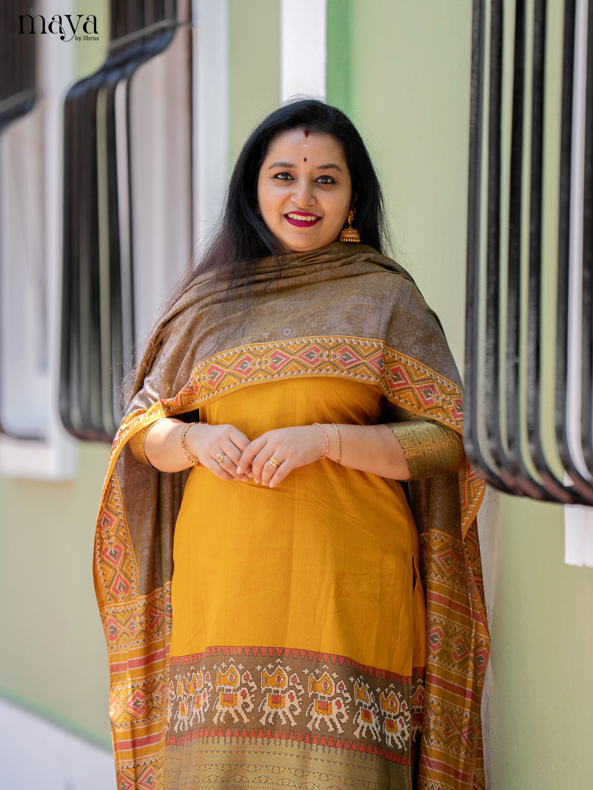 Yellow & Light Brown Semi Patola Unstitched Top, Bottom & Dupatta -MDB12004 - Shop on Shrus.com