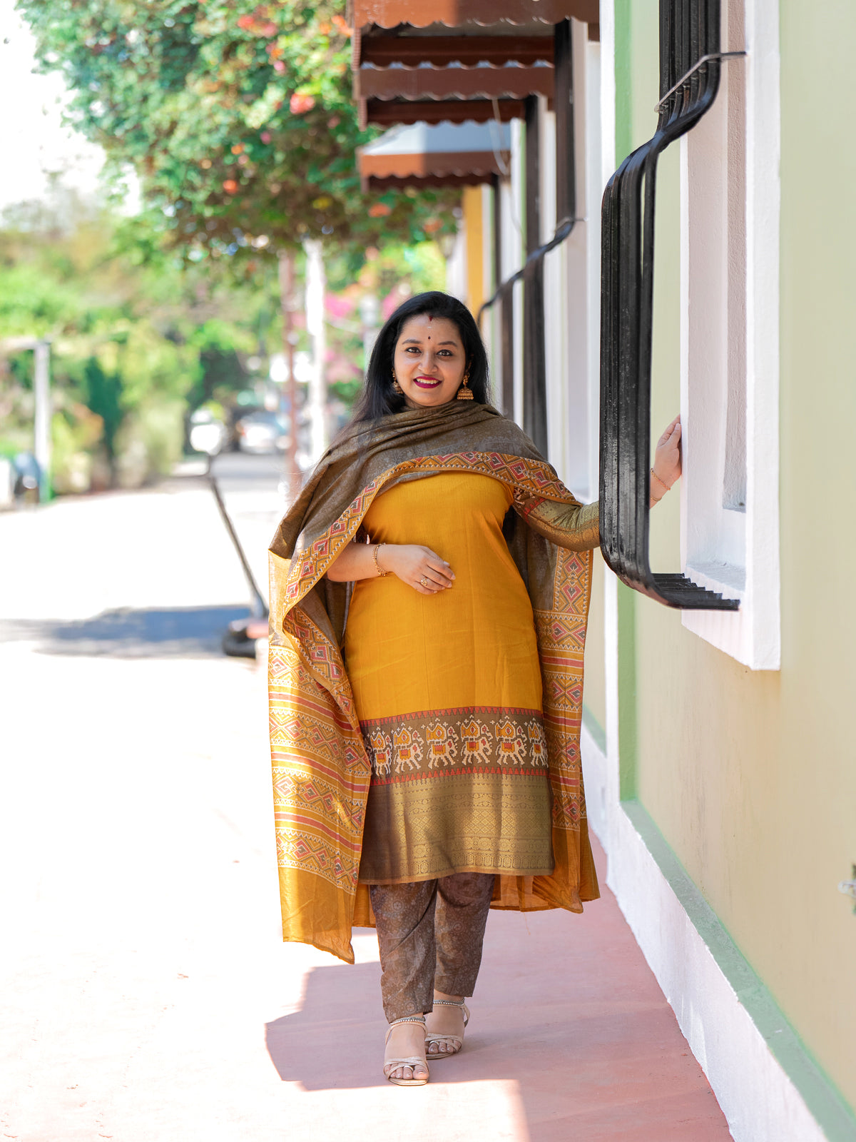 Yellow & Light Brown Semi Patola Unstitched Top, Bottom & Dupatta -MDB12004 - Shop on Shrus.com