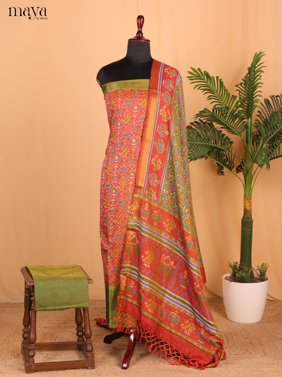 Brick Red & olive-green Semi Patola Unstitched Top, Bottom & Dupatta - MDB26020 - Shop on Shrus.com