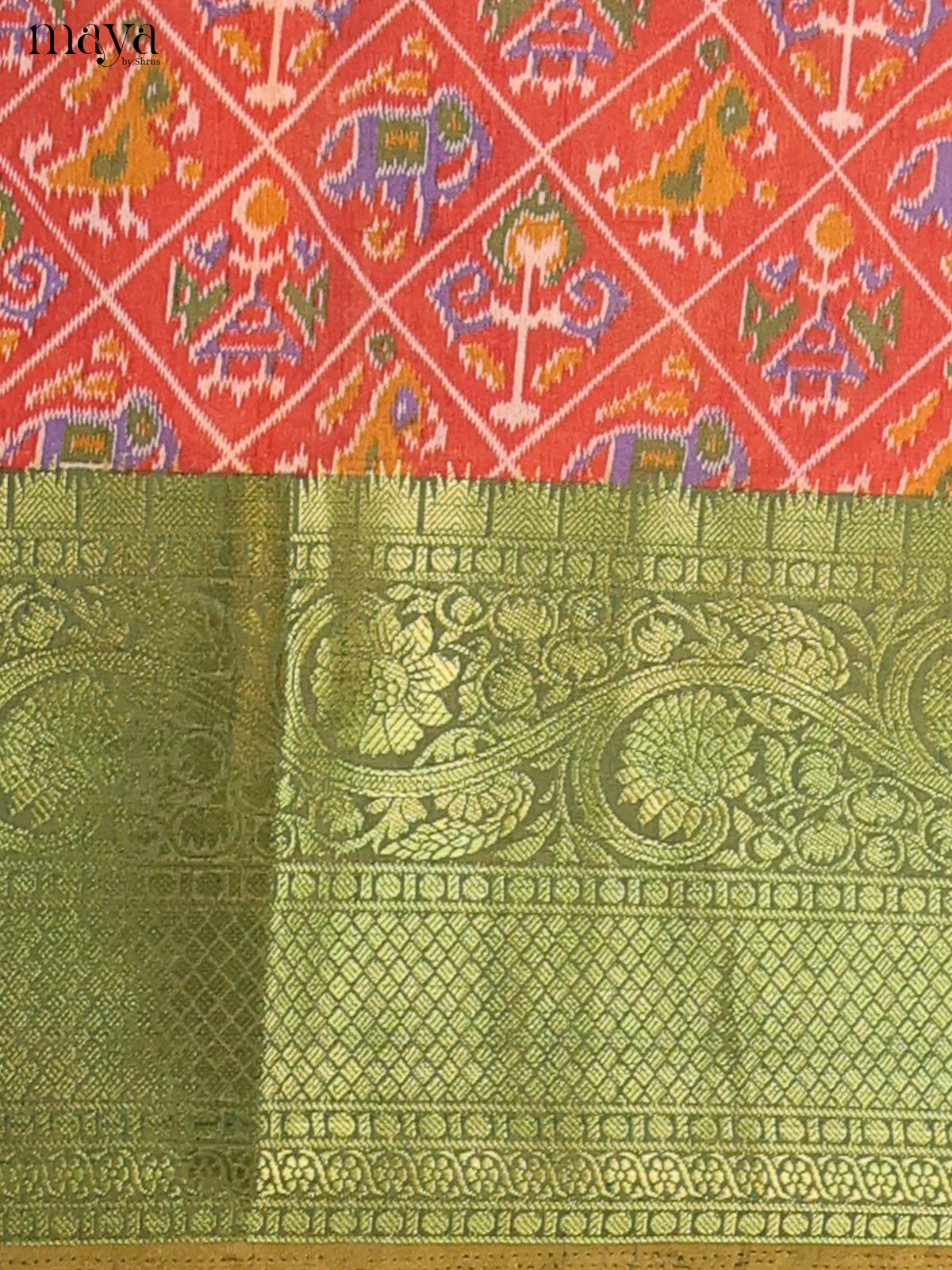 Brick Red & olive-green Semi Patola Unstitched Top, Bottom & Dupatta - MDB26020 - Shop on Shrus.com