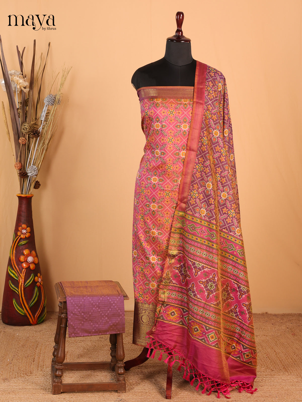 Dusky pink & purple - Semi Patola Unstitched Top, Bottom & Dupatta - MDB26026 - Shop on Shrus.com