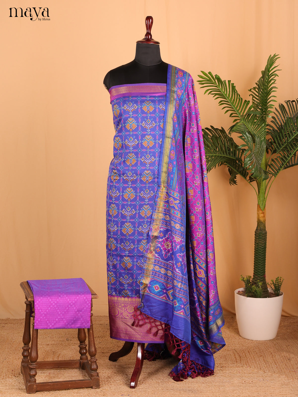 Royal Blue & purple Semi Patola Unstitched Top, Bottom & Dupatta - MDB26028 - Shop on Shrus.com
