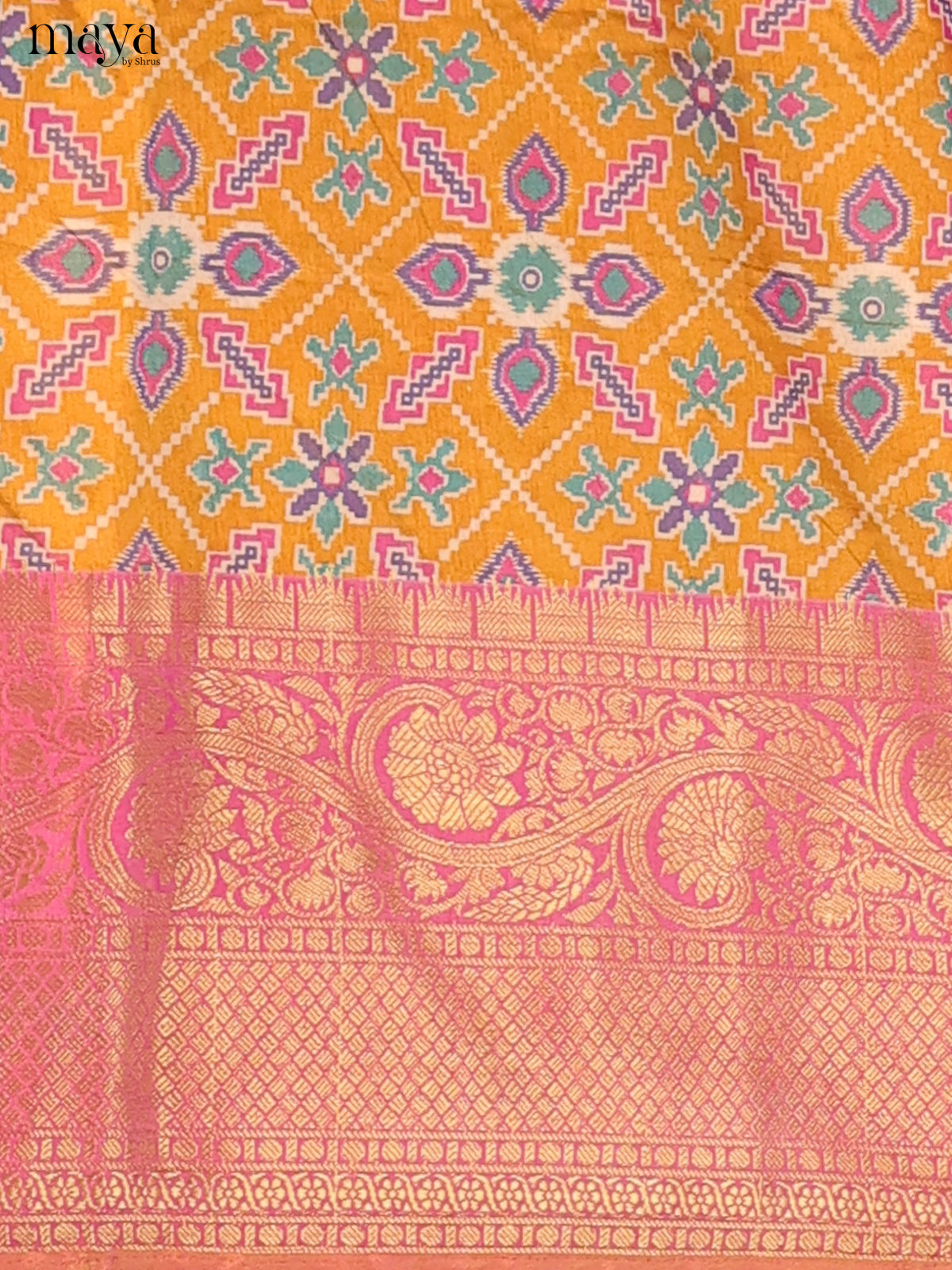 Mustard & Light Pink Semi Patola Unstitched Top, Bottom & Dupatta - MDB26031 - Shop on Shrus.com