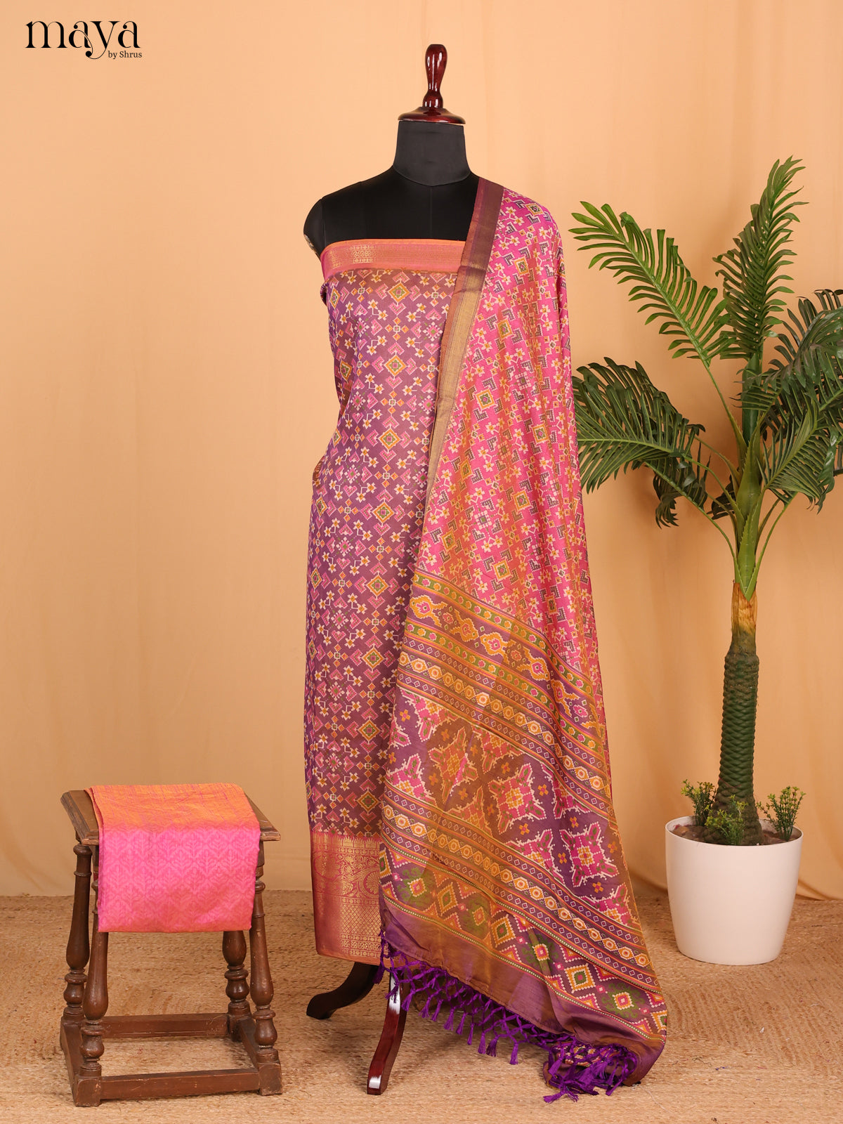Double shade Violet & Gold Semi Patola Unstitched Top, Bottom & Dupatta - MDB26032 - Shop on Shrus.com