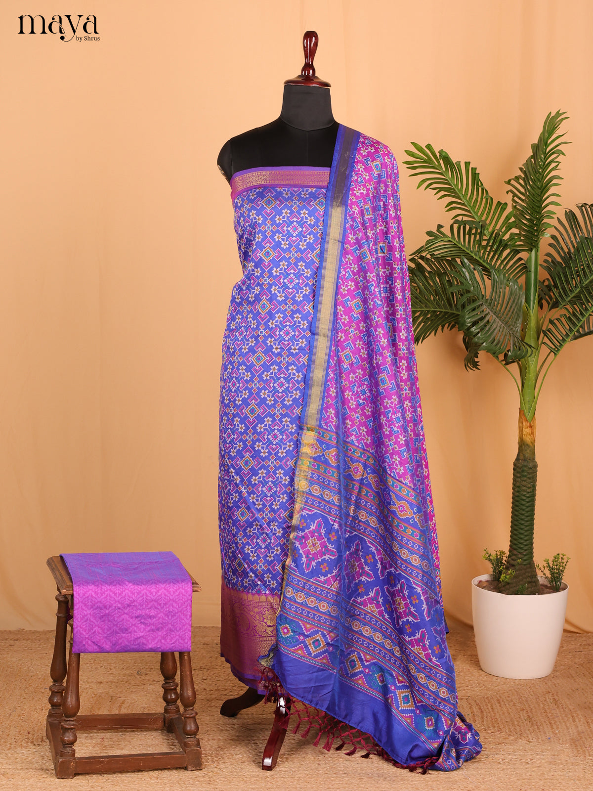 Double shade violet & Purple Semi Patola Unstitched Top, Bottom & Dupatta - MDB26033 - Shop on Shrus.com
