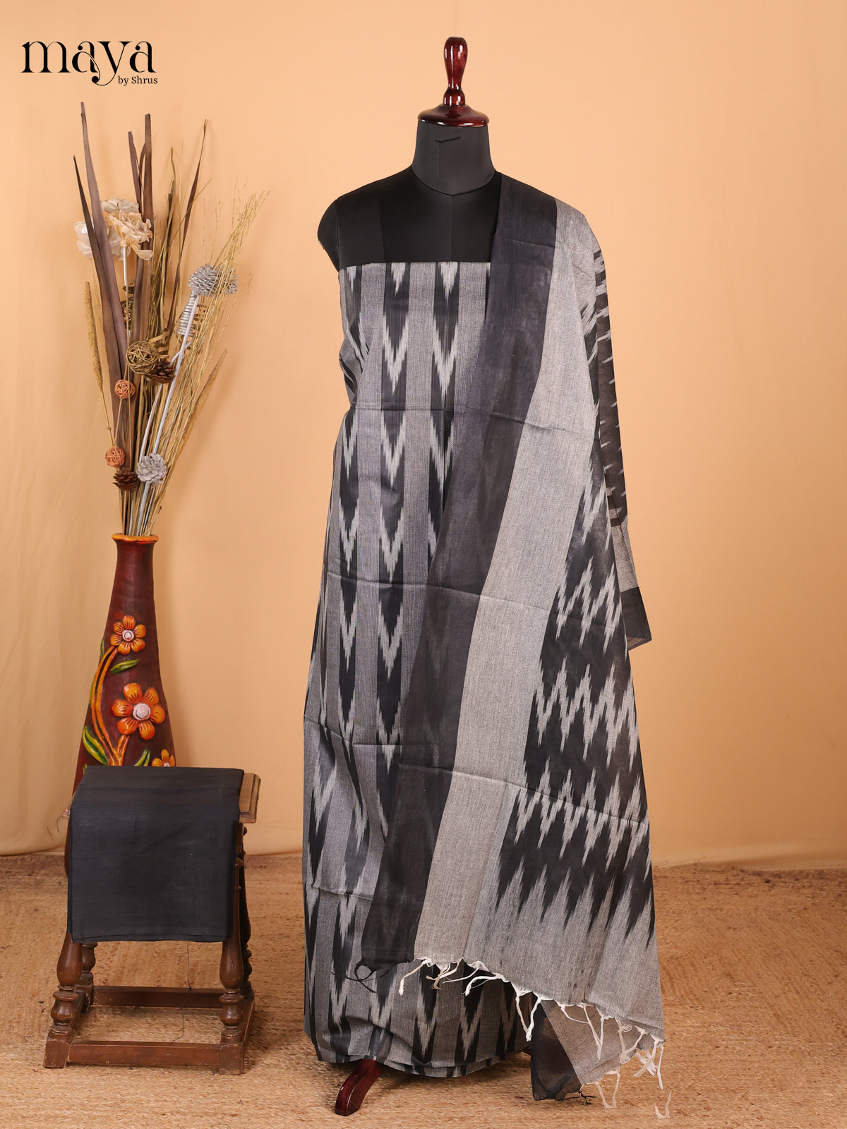 Black & grey - Ikkat Cotton Unstitched Material Top, Bottom & Dupatta - MDB27001 - Shop on Shrus.com