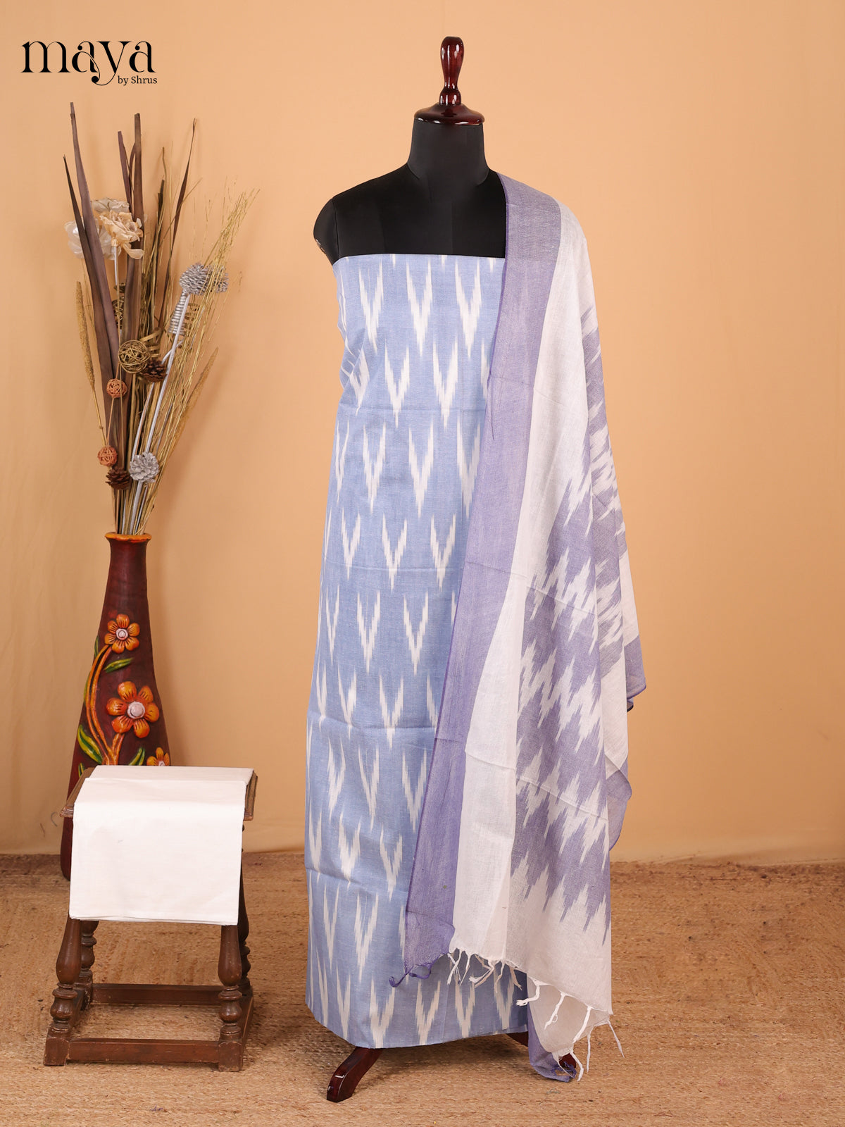 Ice Blue & White - Ikkat Cotton Unstitched Material Top, Bottom & Dupatta - MDB27004 - Shop on Shrus.com