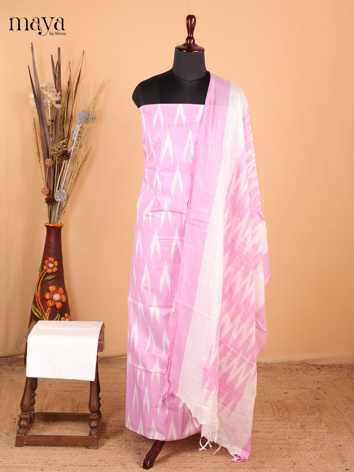 pastel pink & white - Ikkat Cotton Unstitched Material Top, Bottom & Dupatta - MDB27008 - Shop on Shrus.com