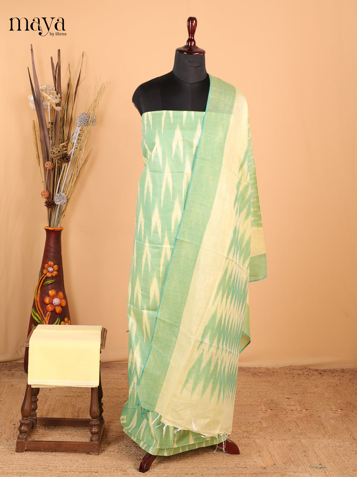 light leaf green & yellow - Ikkat Cotton Unstitched Material Top, Bottom & Dupatta - MDB27012 - Shop on Shrus.com