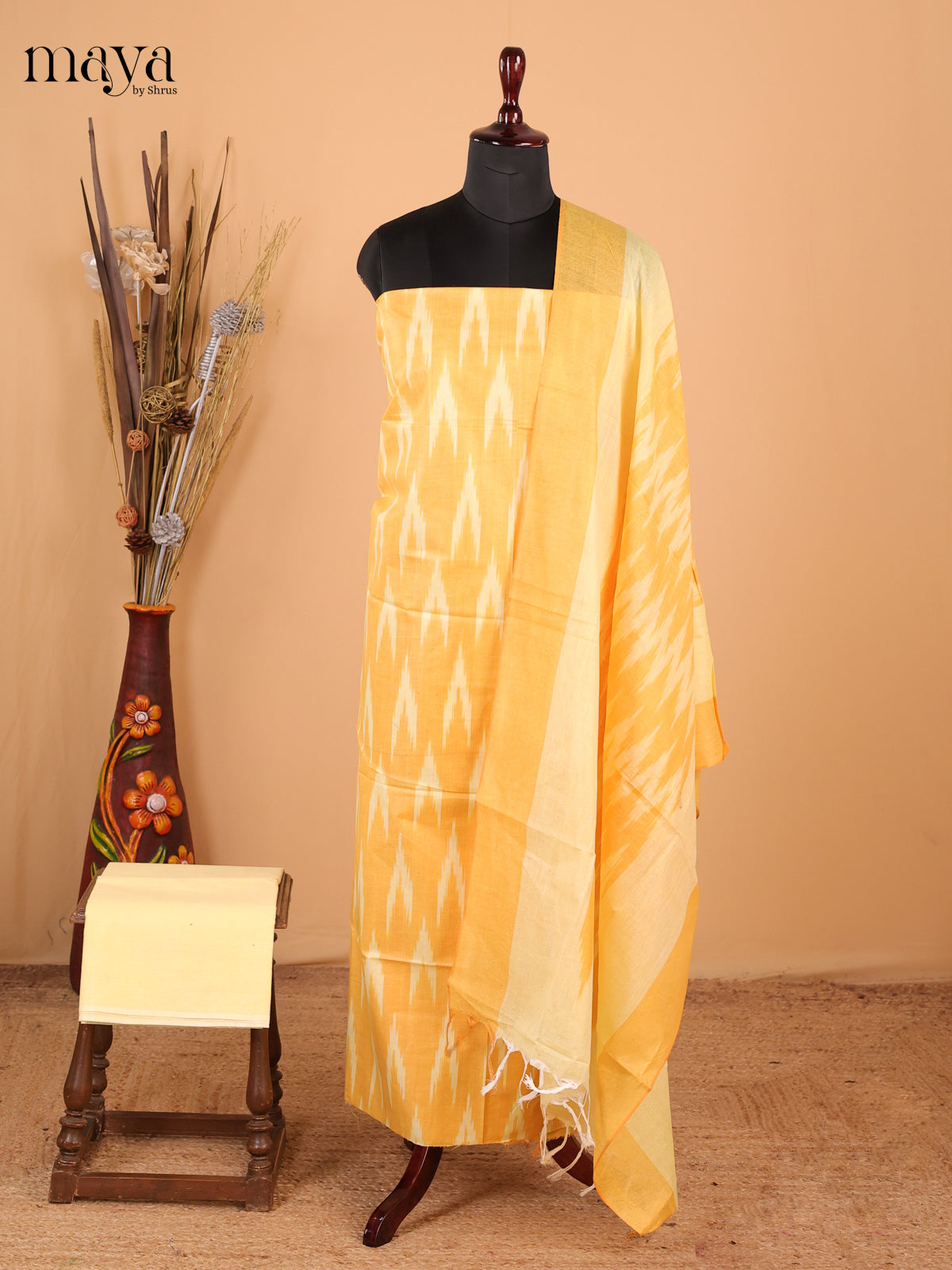 Sandal & yellow - Ikkat Cotton Unstitched Material Top, Bottom & Dupatta - MDB27017 - Shop on Shrus.com