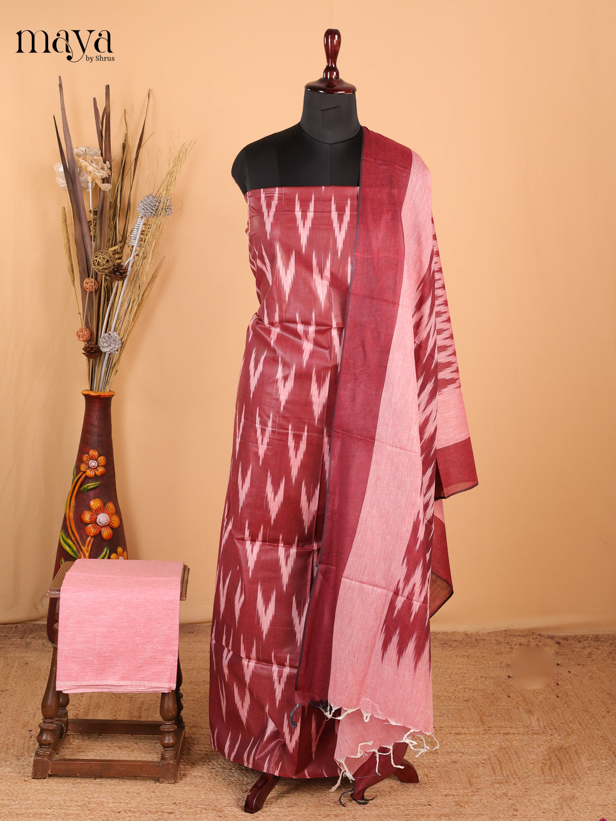 Maroon & Light Red - Ikkat Cotton Unstitched Material Top, Bottom & Dupatta - MDB27021 - Shop on Shrus.com