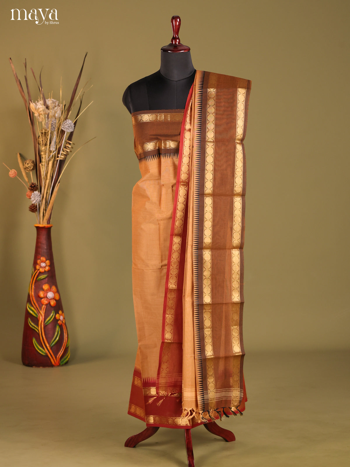 Peach & Brown - chettinad top & dupatta combo