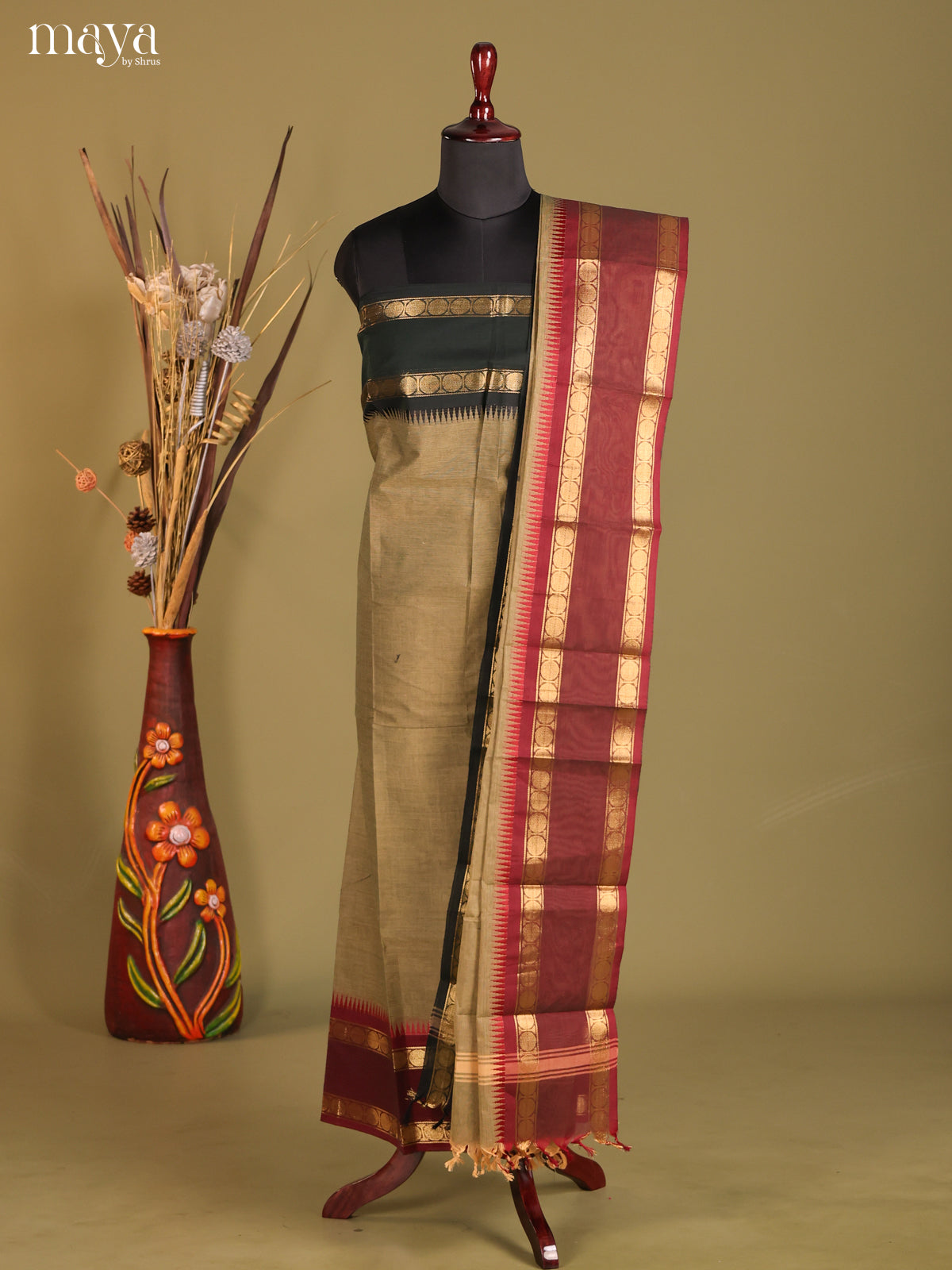 Grey & Maroon - chettinad top & dupatta combo
