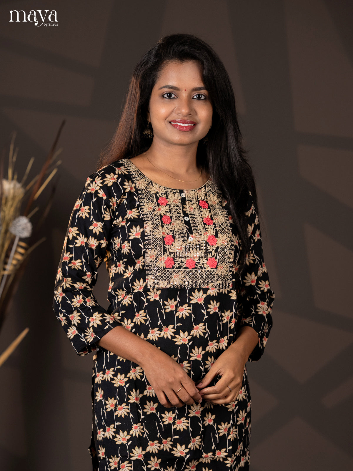Black Floral printed Cotton Straight Kurti - Shop on Shrus.com