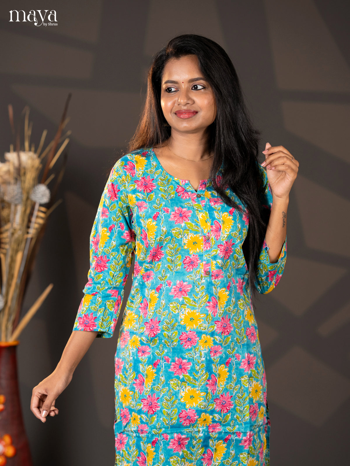 Blue Floral Printed Cotton Straight Kurti - Shop on Shrus.com