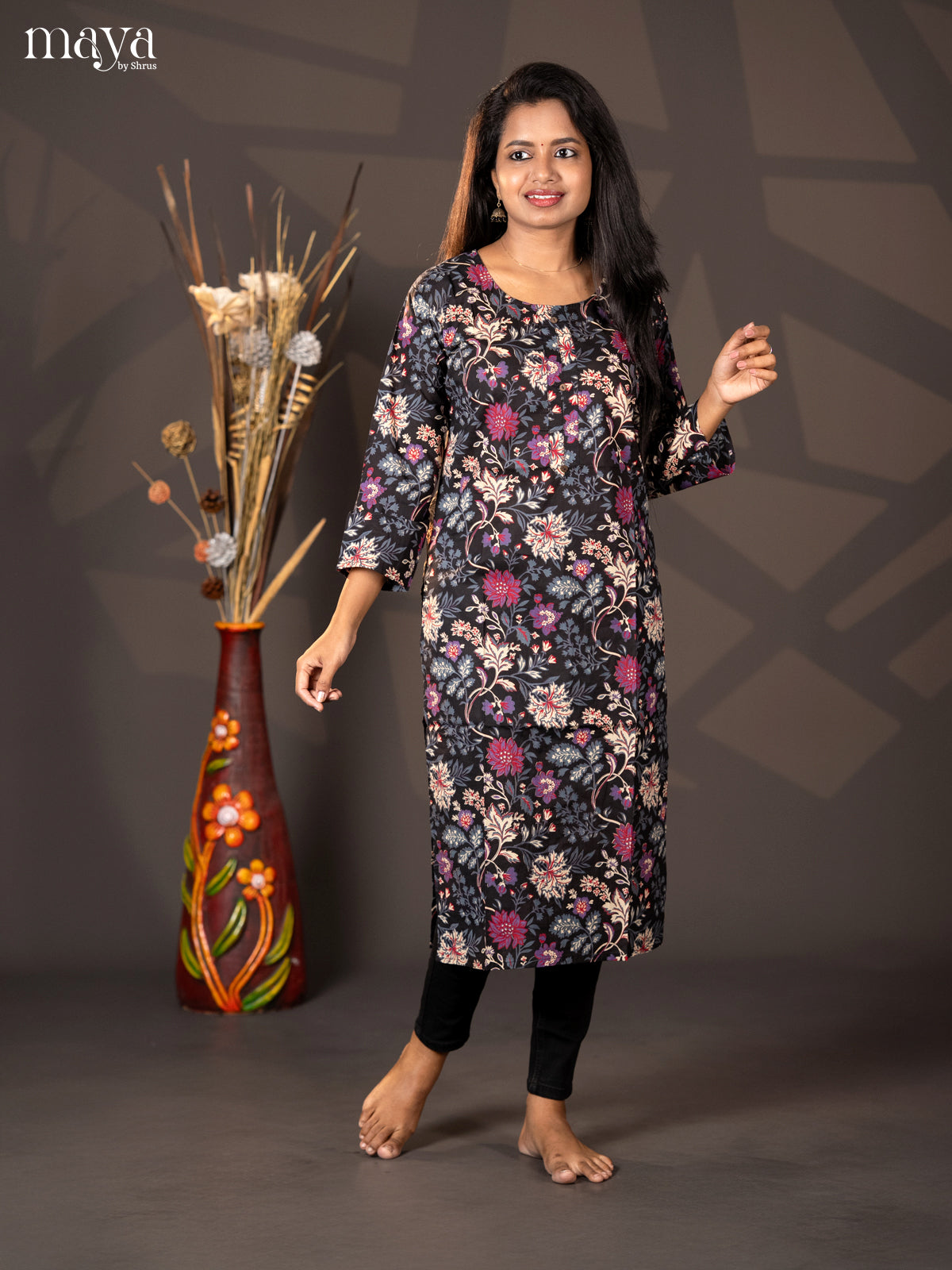 Black Floral Printed Cotton Straight Kurti - Shop on Shrus.com