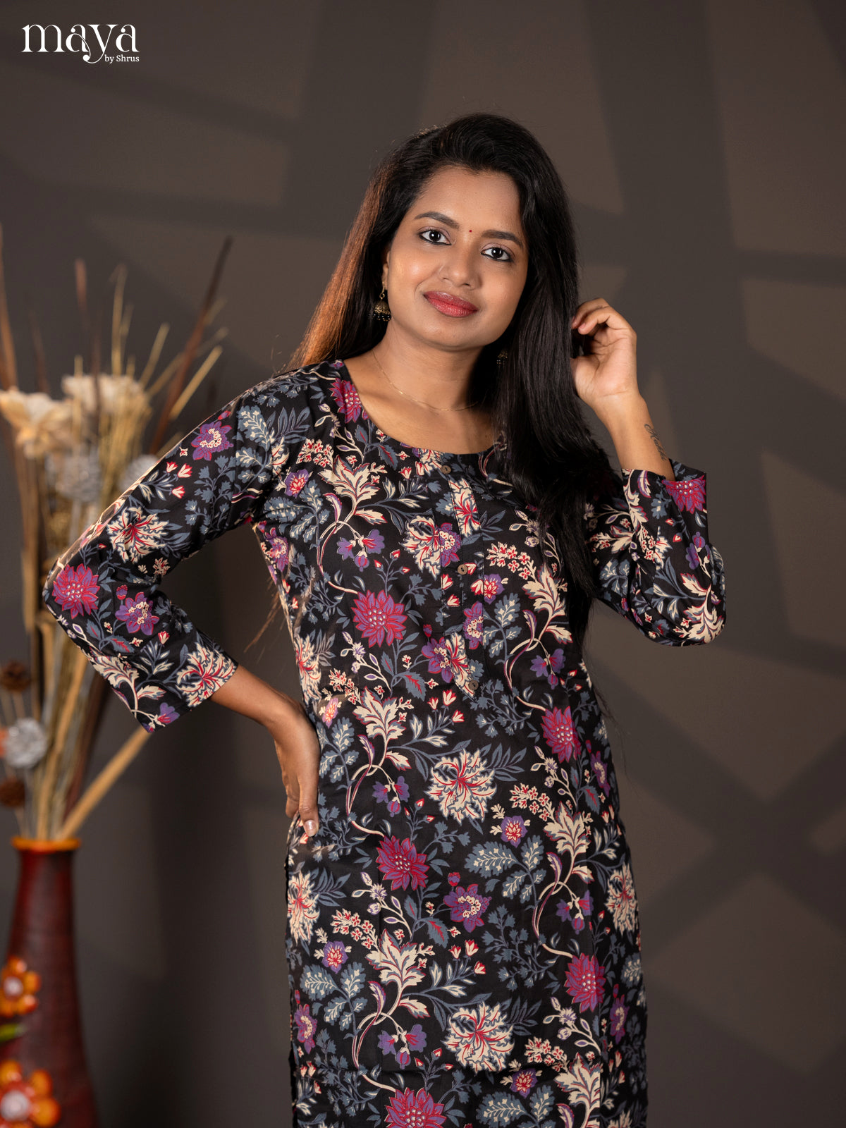Black Floral Printed Cotton Straight Kurti - Shop on Shrus.com