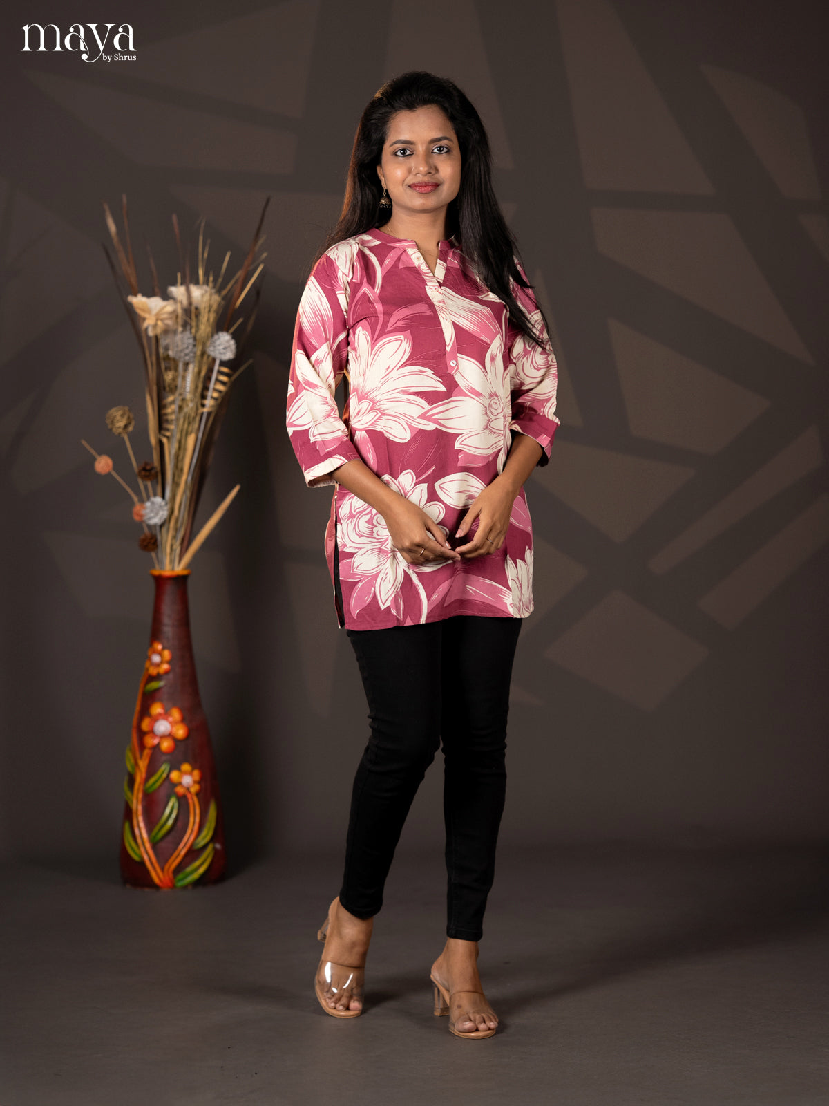 Dark onion pink Floral Printed Cotton Short Straight Kurta - Shop on Shrus.com