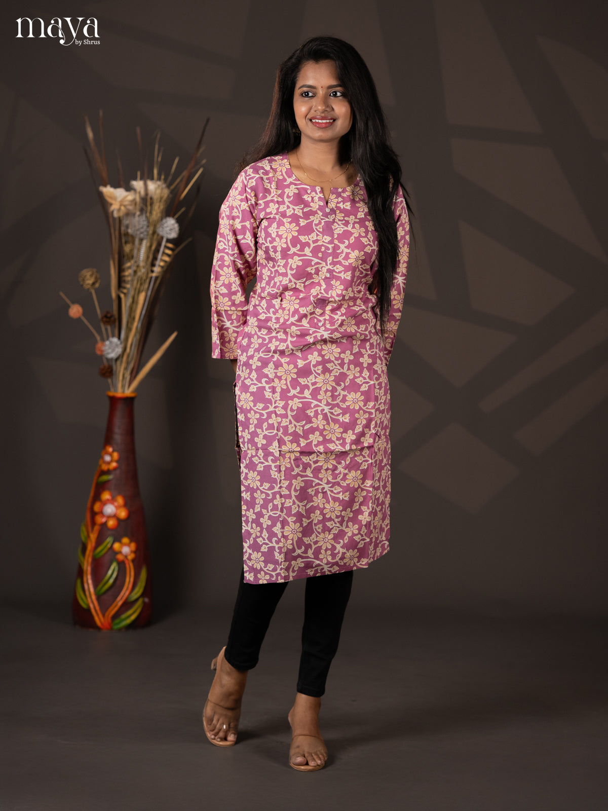 Onion Pink Floral Printed Rayon Straight Kurti - Shop on Shrus.com