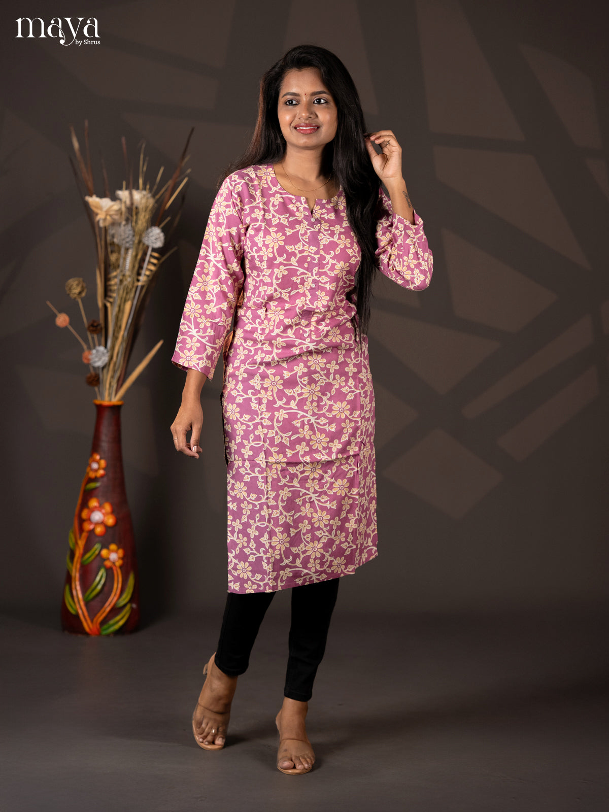 Onion Pink Floral Printed Rayon Straight Kurti - Shop on Shrus.com