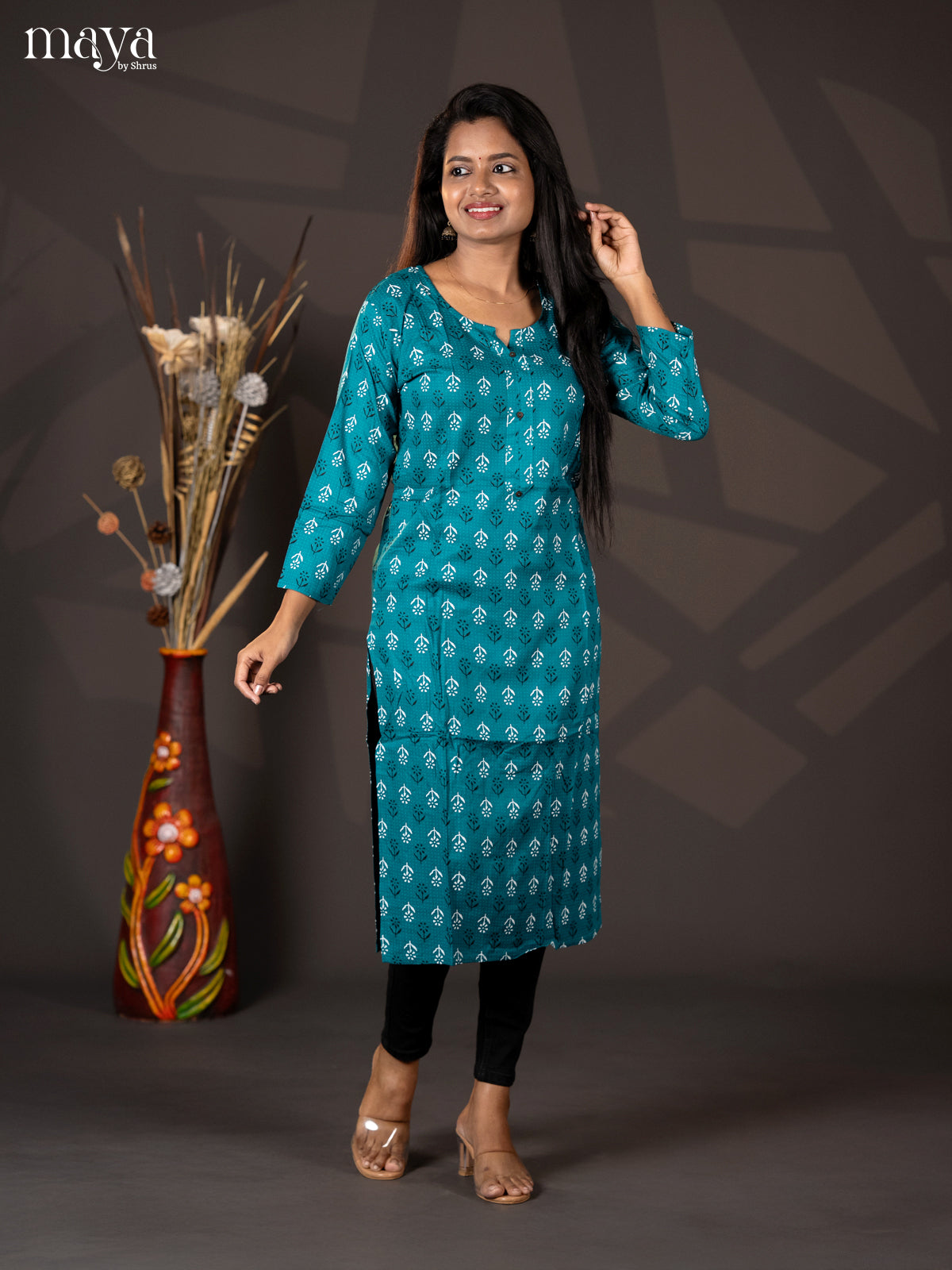 Teal Green Floral Printed Rayon Straight Kurti - Shop on Shrus.com