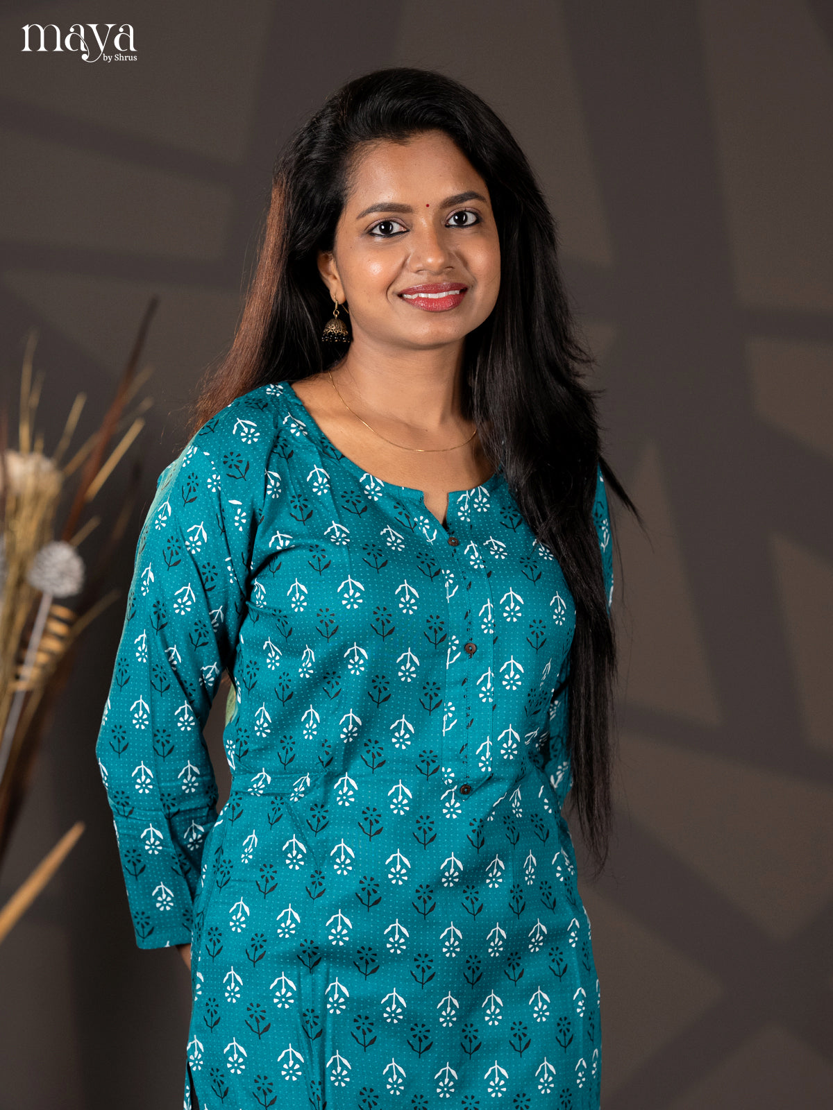Teal Green Floral Printed Rayon Straight Kurti - Shop on Shrus.com